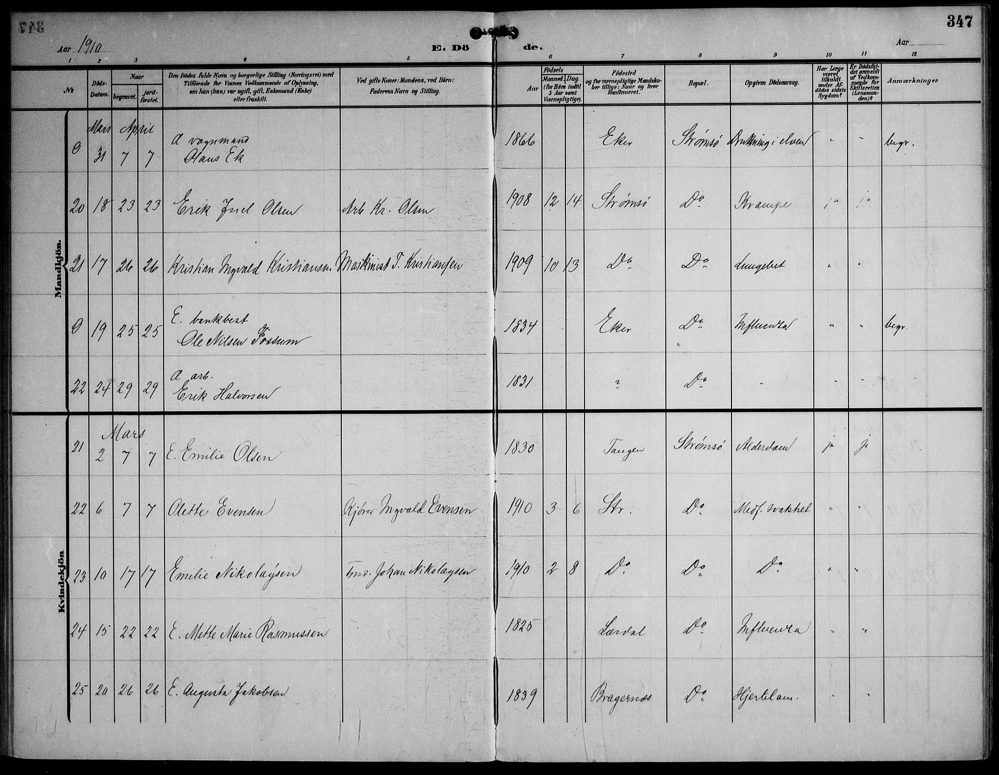 Strømsø kirkebøker, AV/SAKO-A-246/F/Fa/L0026: Parish register (official) no. I 26, 1905-1914, p. 347