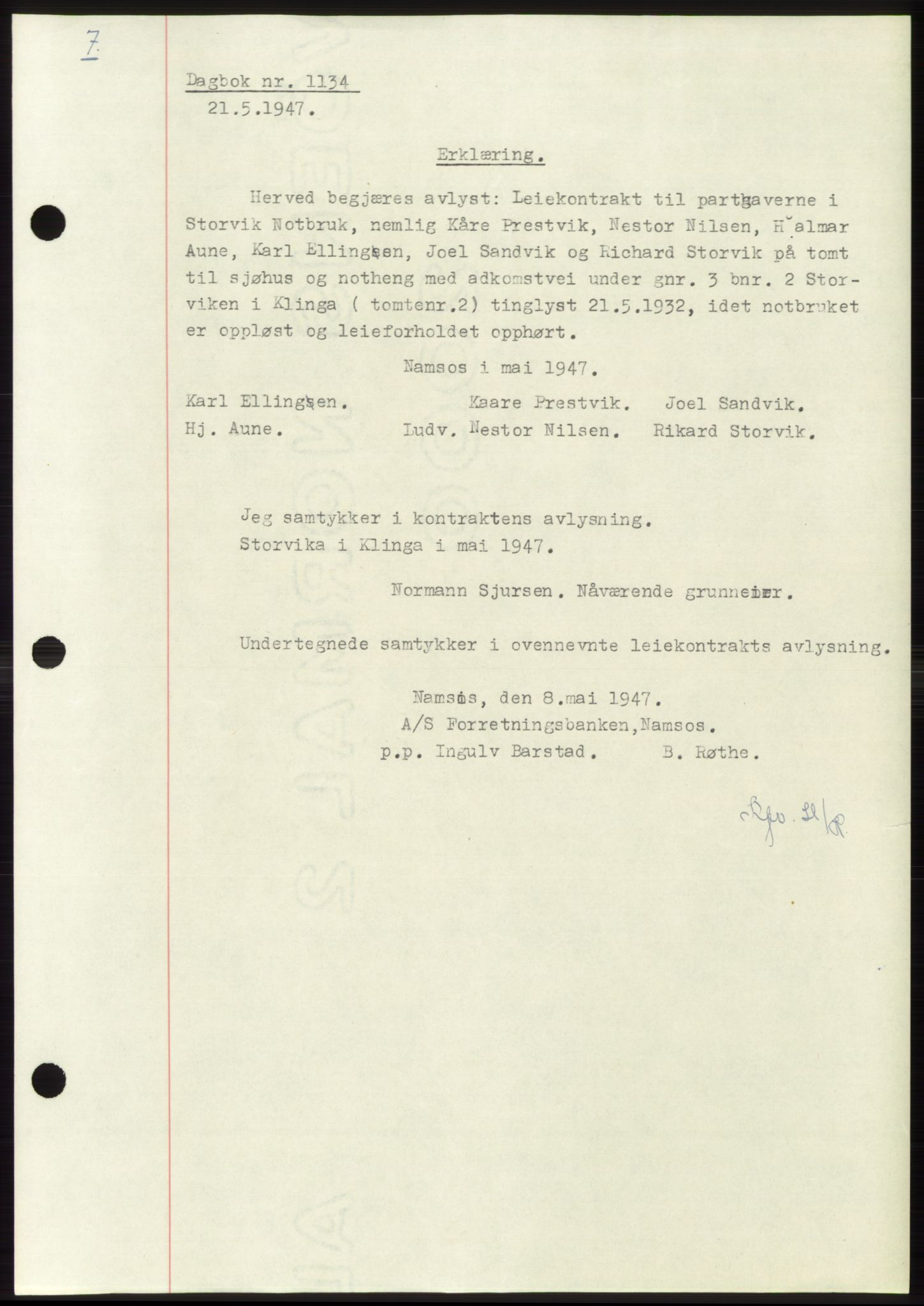Namdal sorenskriveri, AV/SAT-A-4133/1/2/2C: Mortgage book no. -, 1947-1947, Diary no: : 1134/1947