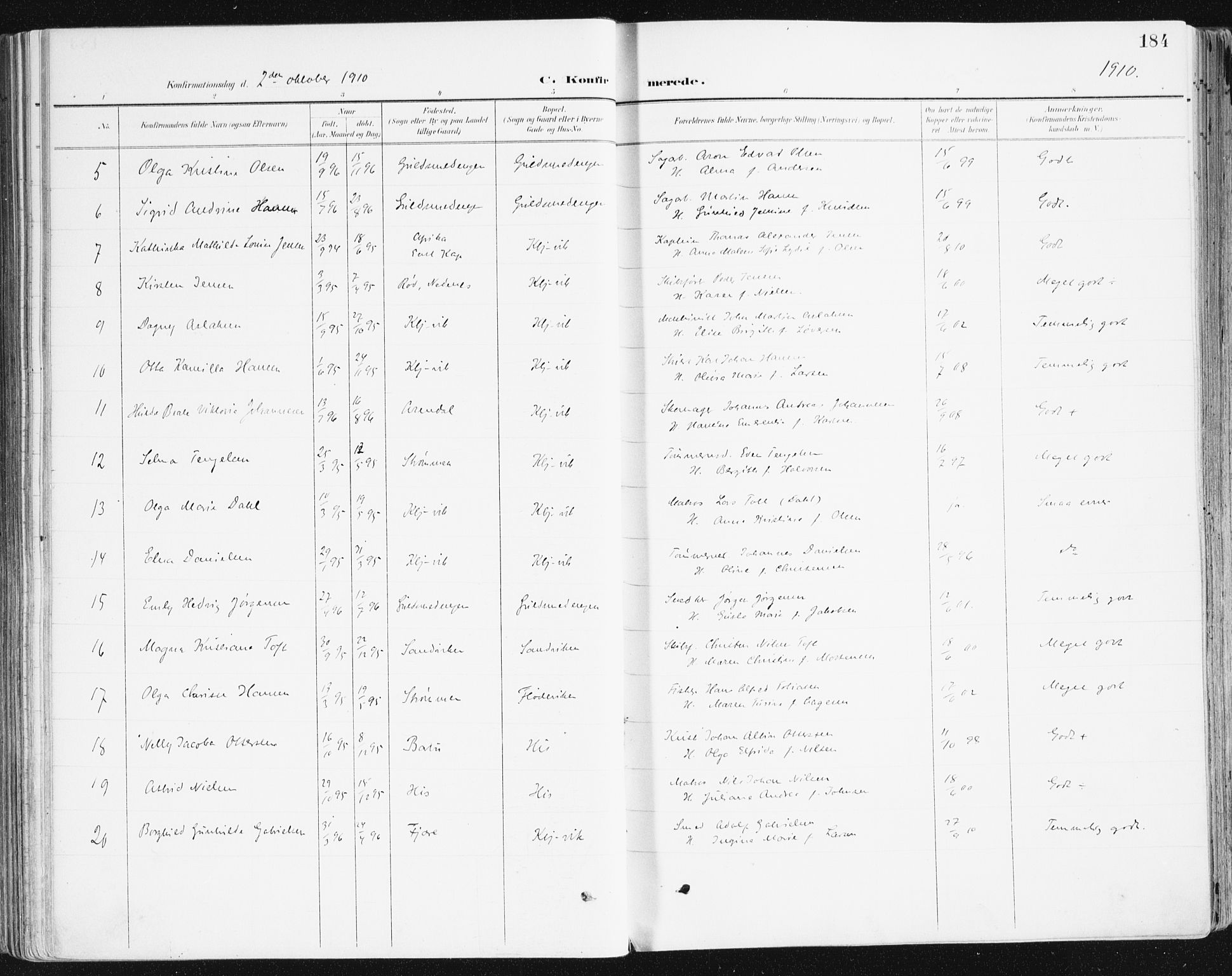 Hisøy sokneprestkontor, SAK/1111-0020/F/Fa/L0004: Parish register (official) no. A 4, 1895-1917, p. 184