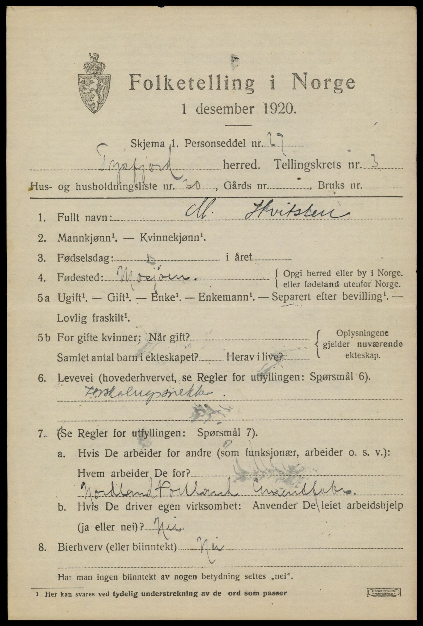 SAT, 1920 census for Tysfjord, 1920, p. 2713