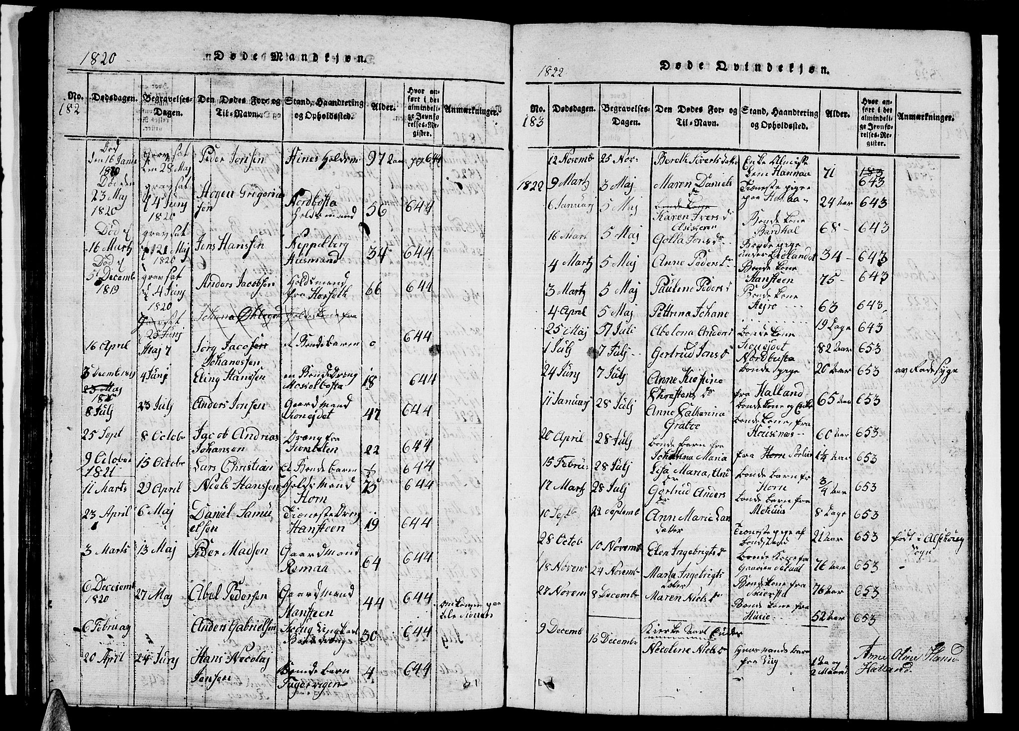 Ministerialprotokoller, klokkerbøker og fødselsregistre - Nordland, AV/SAT-A-1459/838/L0554: Parish register (copy) no. 838C01, 1820-1828, p. 182-183