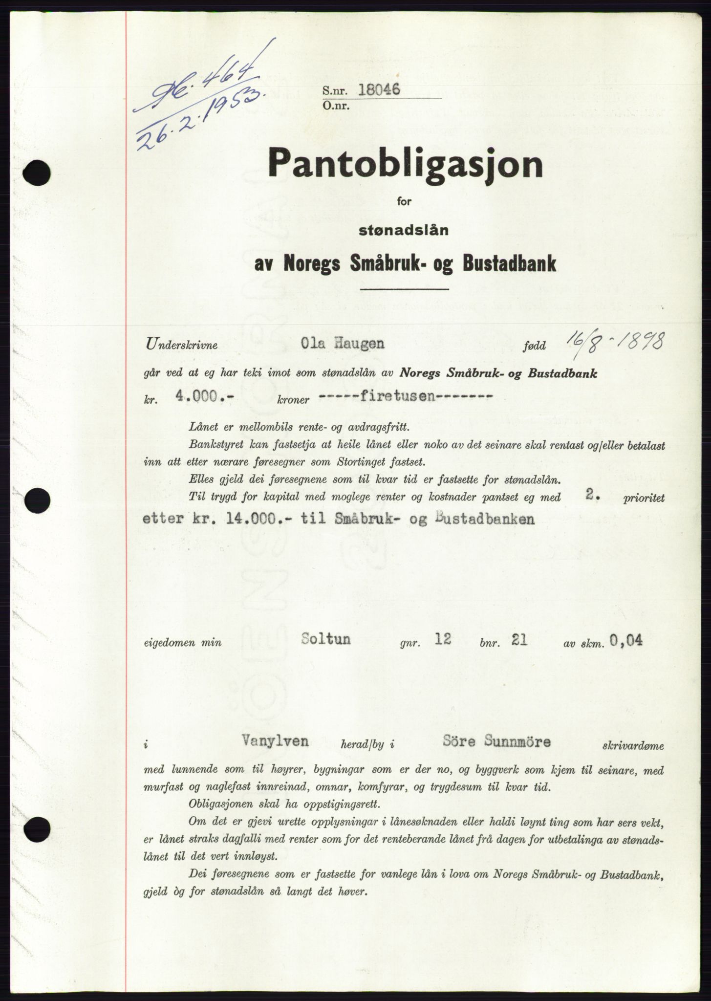 Søre Sunnmøre sorenskriveri, AV/SAT-A-4122/1/2/2C/L0123: Mortgage book no. 11B, 1953-1953, Diary no: : 464/1953