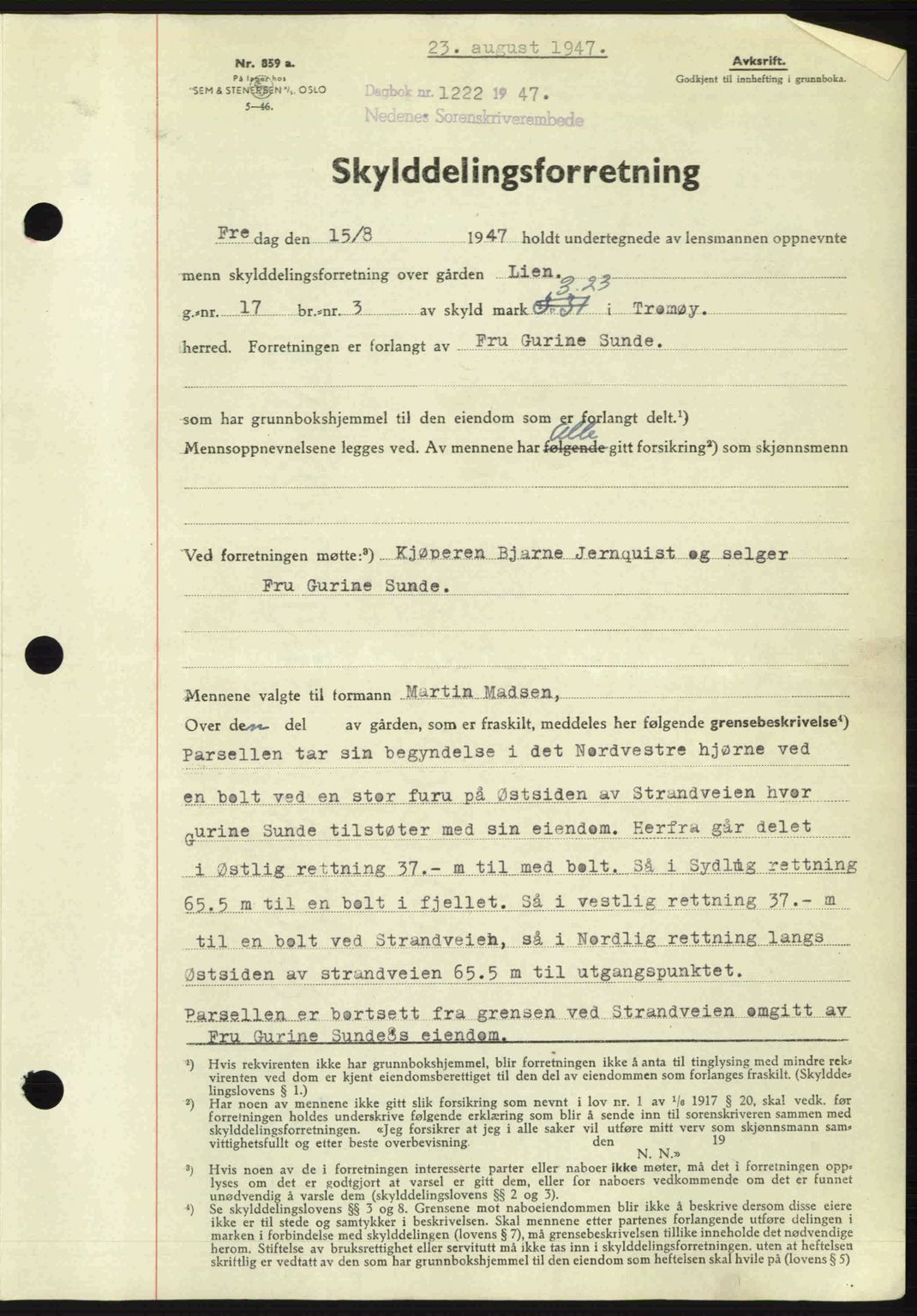 Nedenes sorenskriveri, SAK/1221-0006/G/Gb/Gba/L0057: Mortgage book no. A9, 1947-1947, Diary no: : 1222/1947