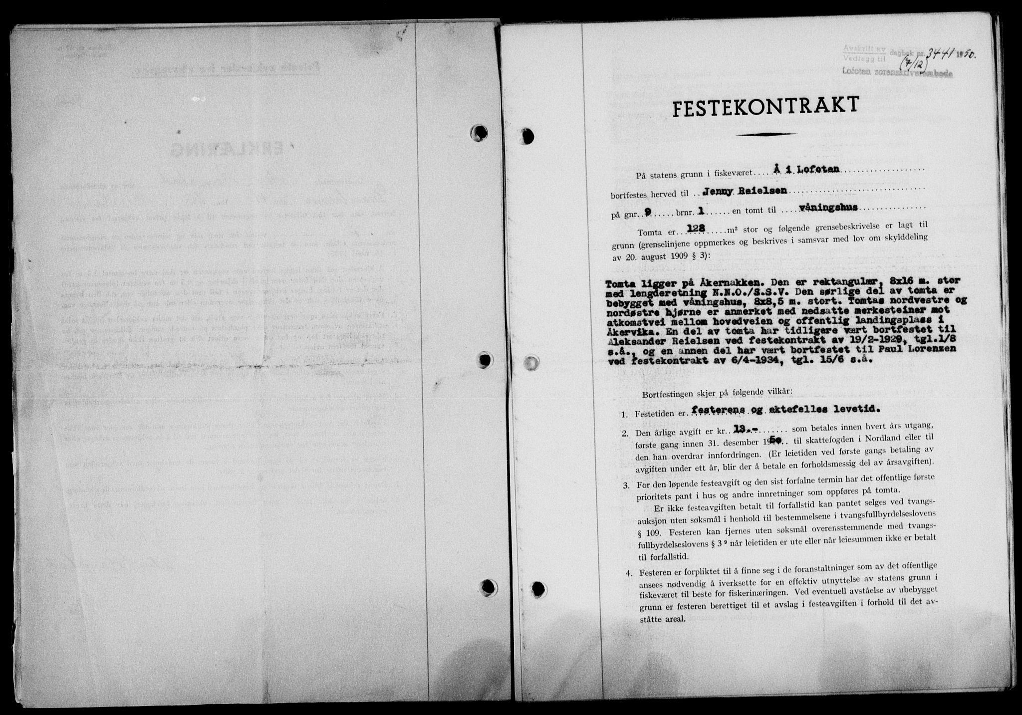 Lofoten sorenskriveri, SAT/A-0017/1/2/2C/L0025a: Mortgage book no. 25a, 1950-1951, Diary no: : 3441/1950