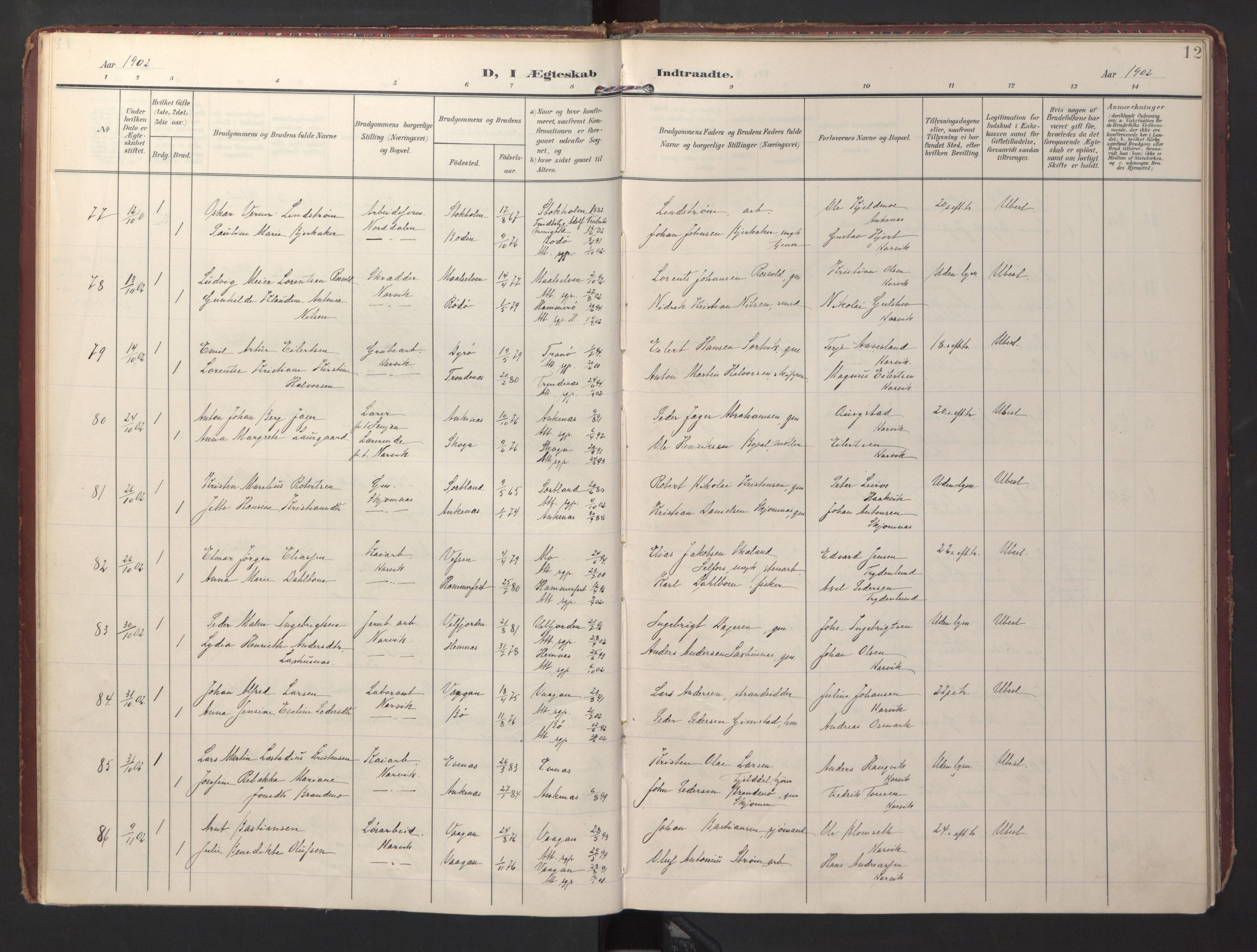 Ministerialprotokoller, klokkerbøker og fødselsregistre - Nordland, AV/SAT-A-1459/871/L0999: Parish register (official) no. 871A15, 1902-1917, p. 12