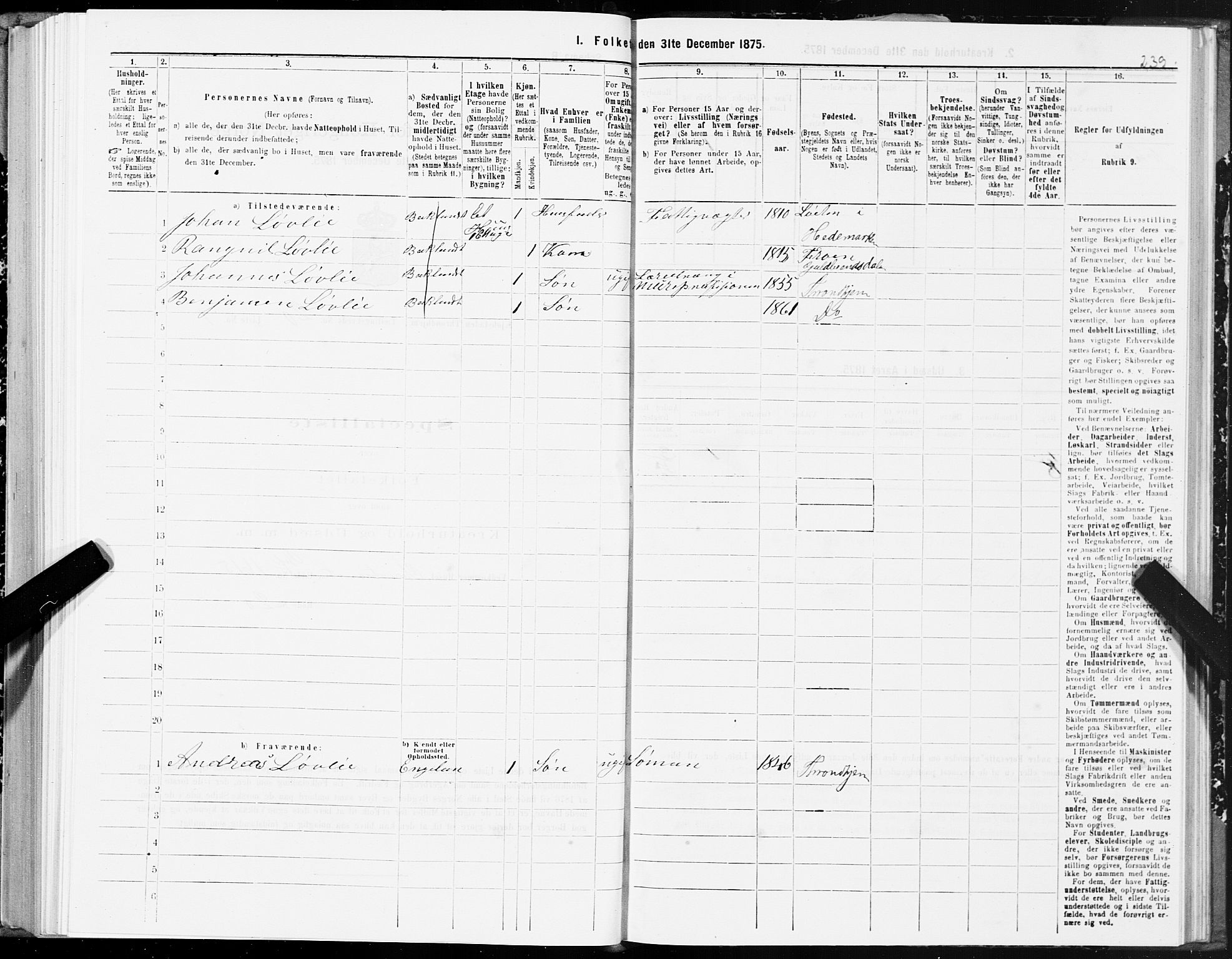 SAT, 1875 census for 1601 Trondheim, 1875, p. 10239