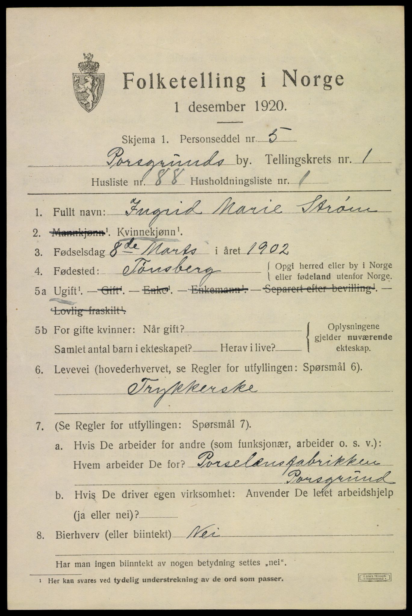 SAKO, 1920 census for Porsgrunn, 1920, p. 8201