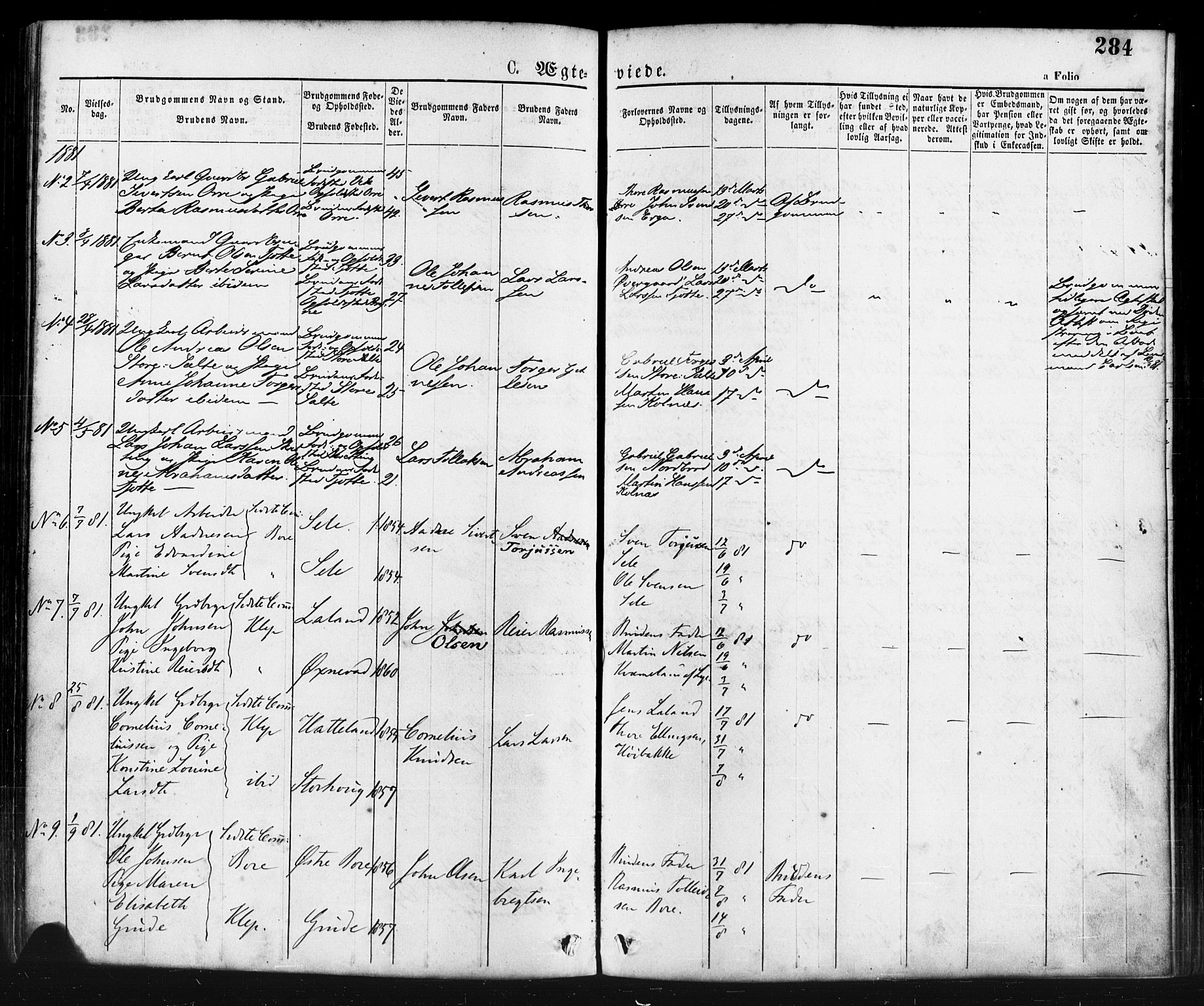 Klepp sokneprestkontor, AV/SAST-A-101803/001/3/30BA/L0006: Parish register (official) no. A 6, 1871-1885, p. 284