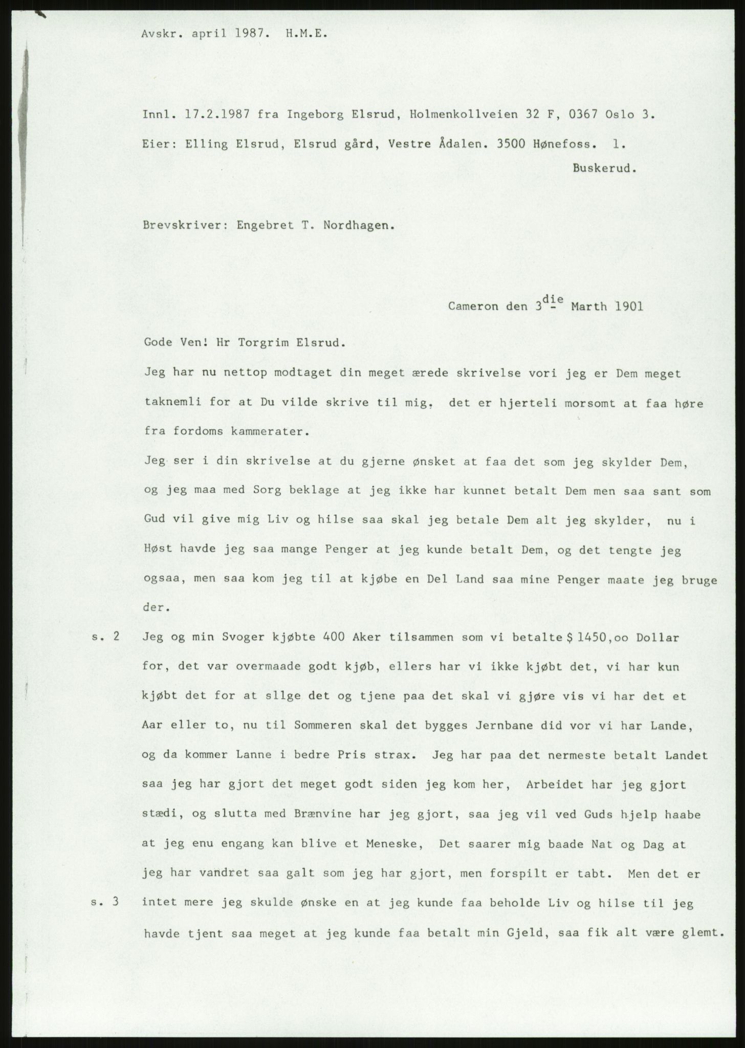 Samlinger til kildeutgivelse, Amerikabrevene, AV/RA-EA-4057/F/L0018: Innlån fra Buskerud: Elsrud, 1838-1914, p. 1047