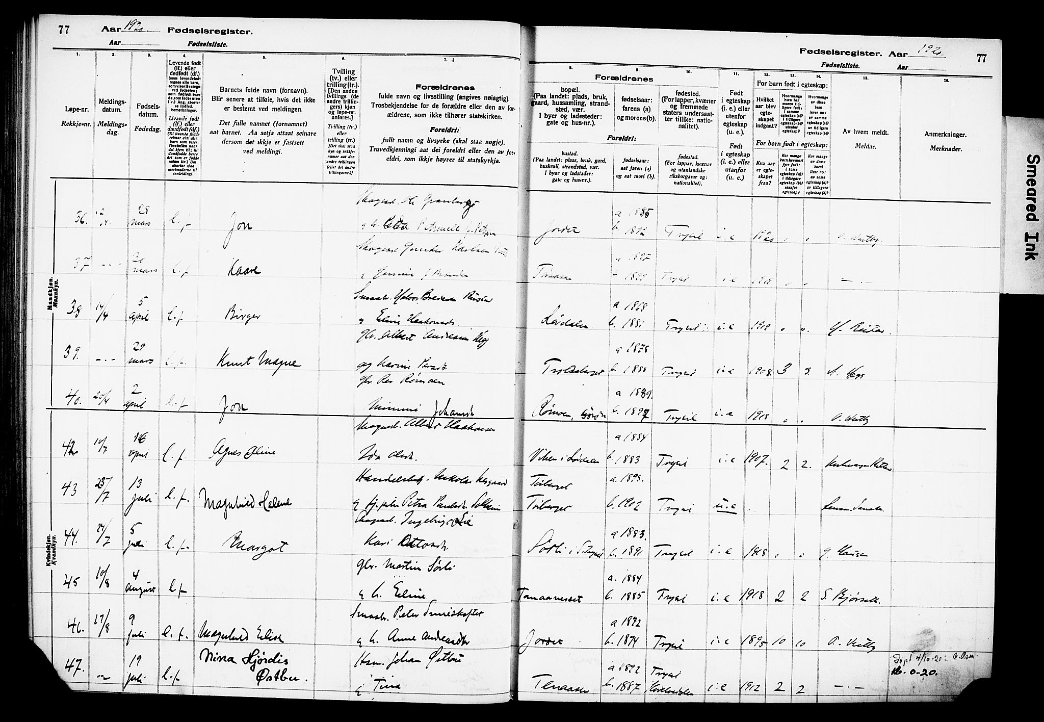 Trysil prestekontor, AV/SAH-PREST-046/I/Id/Ida/L0001: Birth register no. I 1, 1916-1927, p. 77