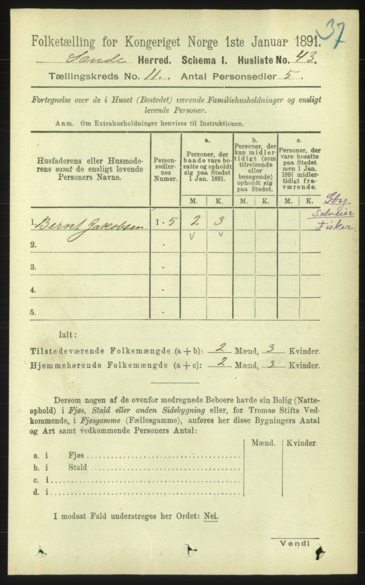 RA, 1891 census for 1514 Sande, 1891, p. 1961