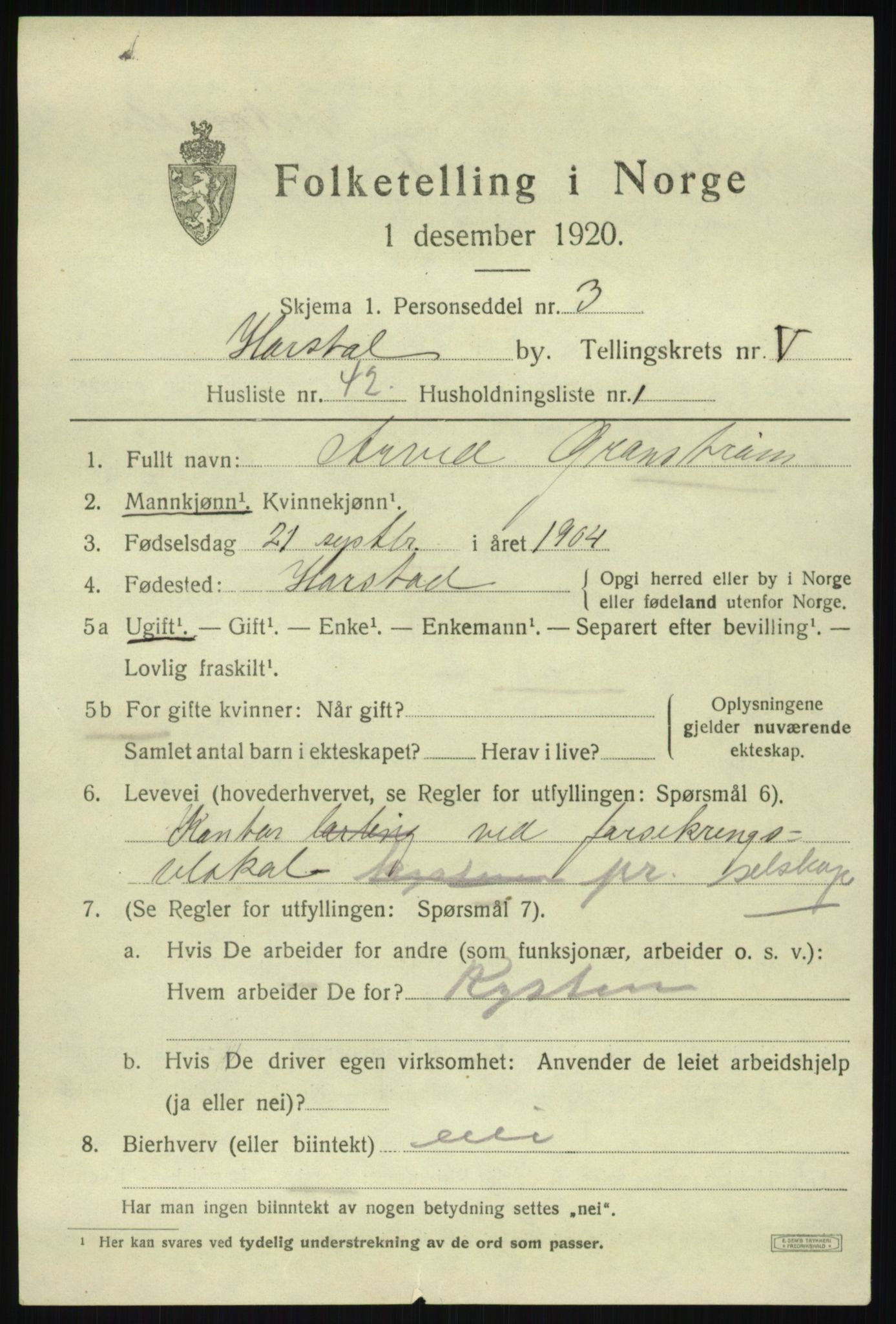 SATØ, 1920 census for Harstad, 1920, p. 7416