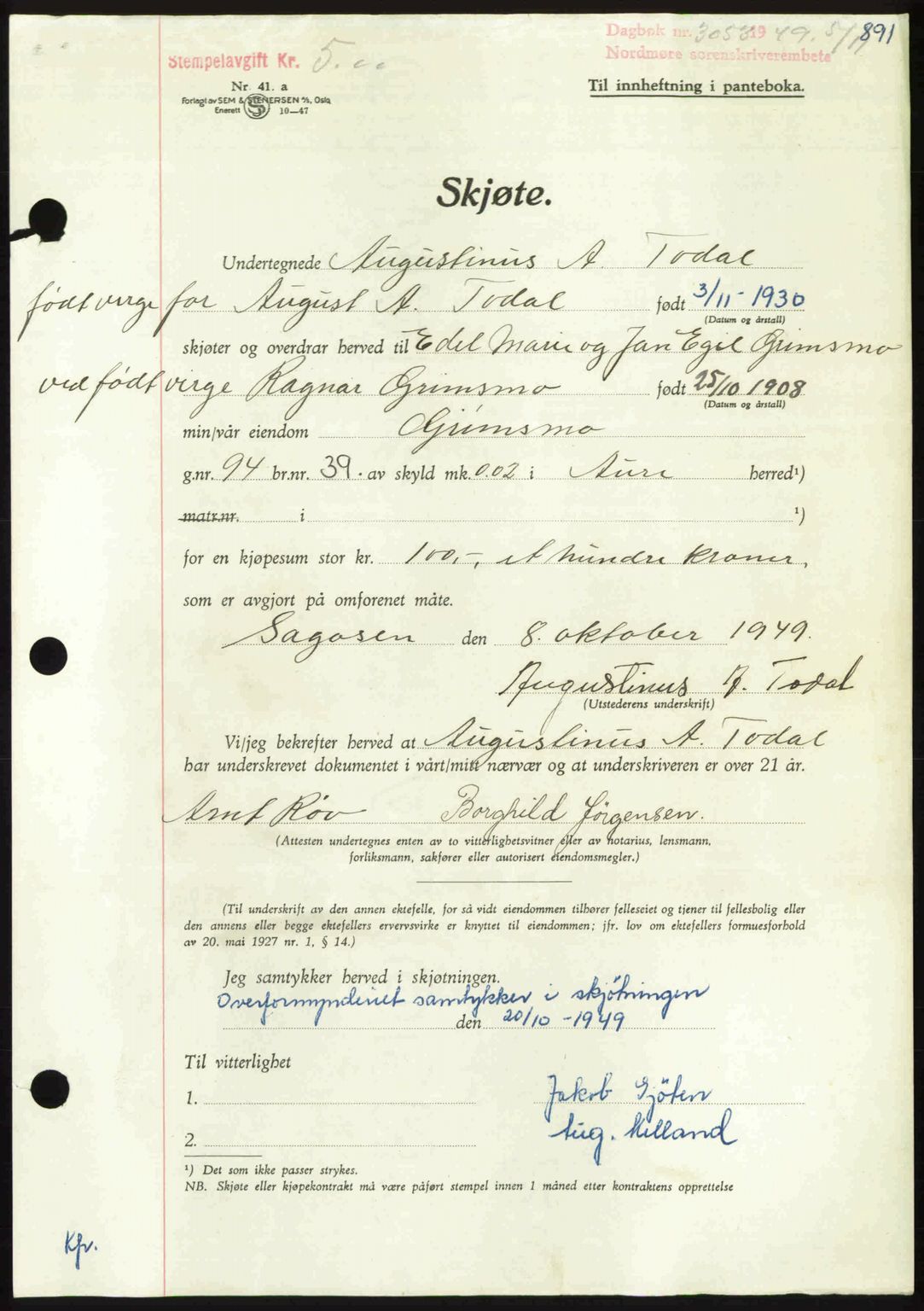 Nordmøre sorenskriveri, AV/SAT-A-4132/1/2/2Ca: Mortgage book no. A112, 1949-1949, Diary no: : 3053/1949