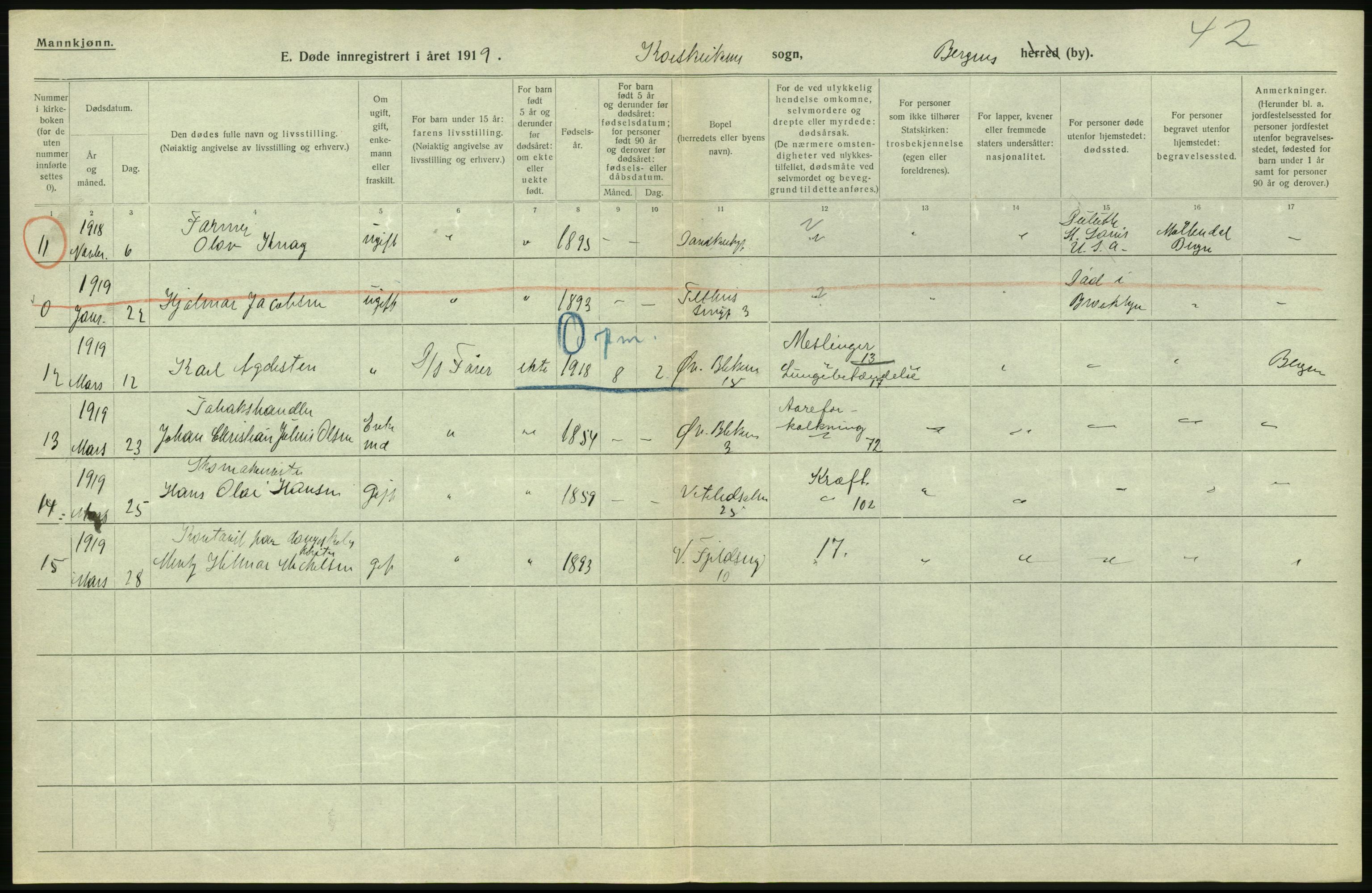 Statistisk sentralbyrå, Sosiodemografiske emner, Befolkning, AV/RA-S-2228/D/Df/Dfb/Dfbi/L0035: Bergen: Gifte, døde, dødfødte., 1919, p. 656