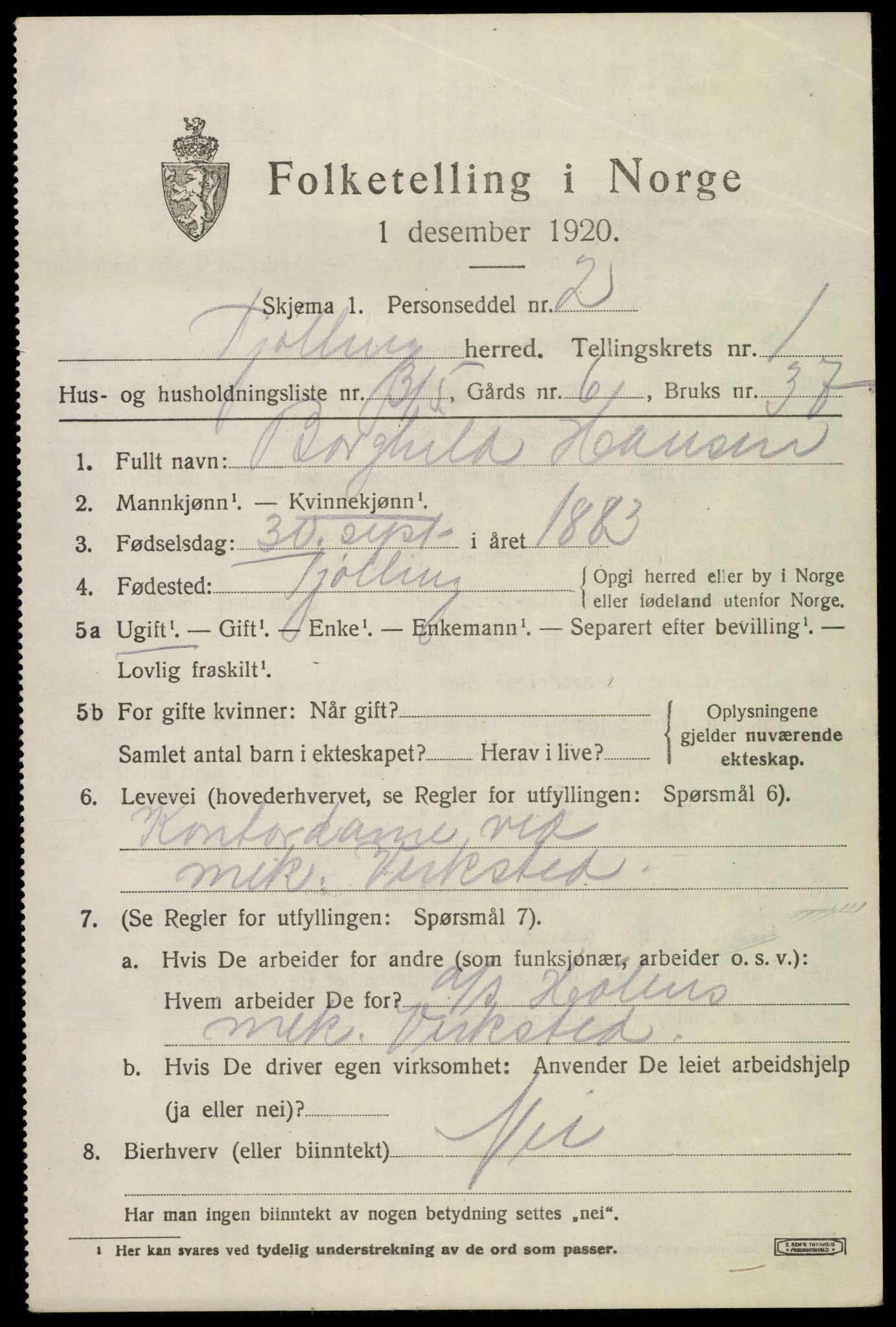 SAKO, 1920 census for Tjølling, 1920, p. 5155