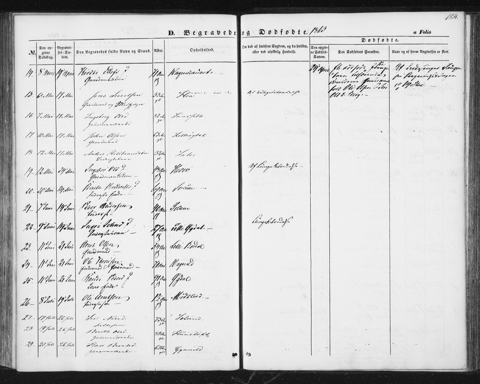 Ministerialprotokoller, klokkerbøker og fødselsregistre - Sør-Trøndelag, AV/SAT-A-1456/689/L1038: Parish register (official) no. 689A03, 1848-1872, p. 184