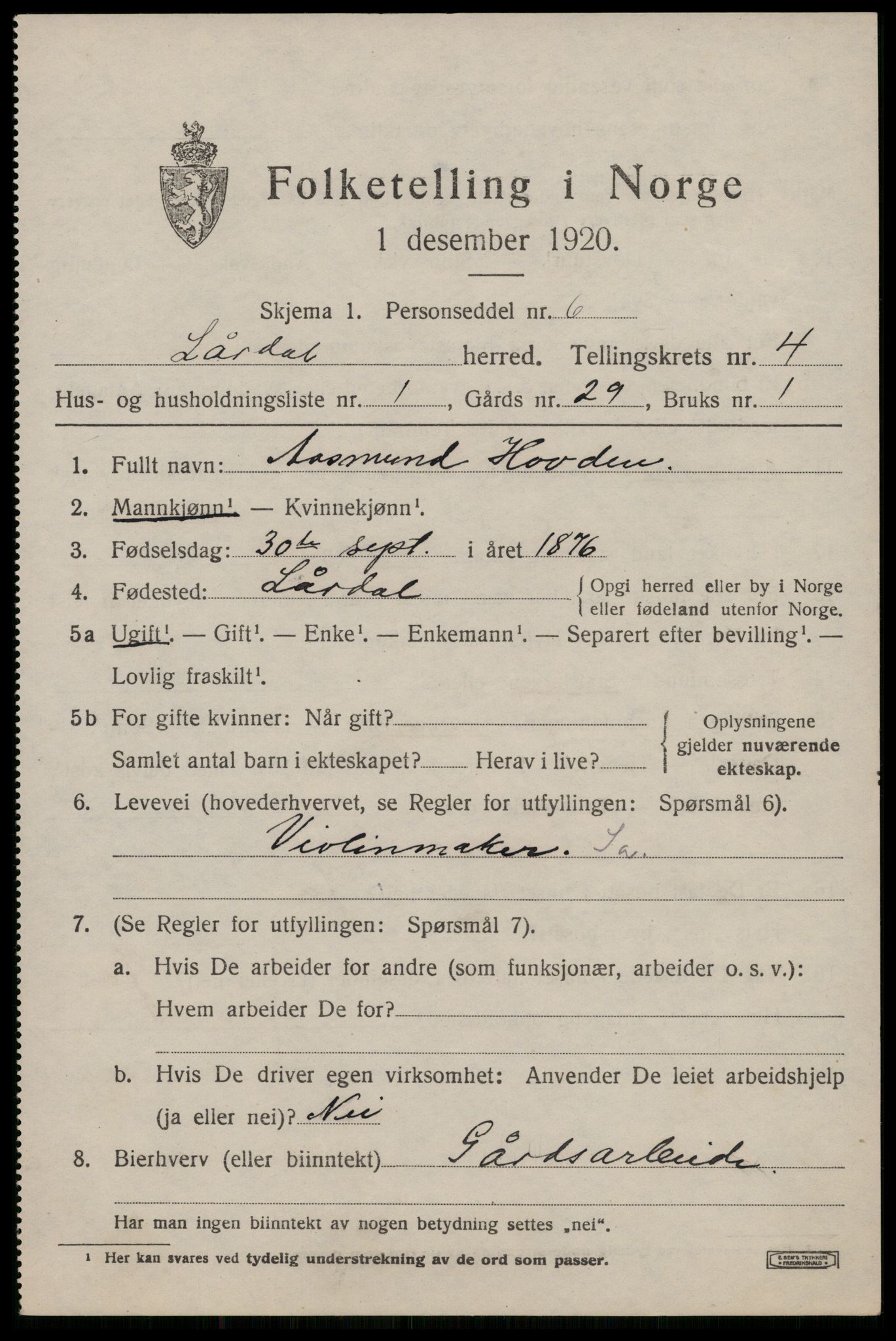 SAKO, 1920 census for Lårdal, 1920, p. 2151