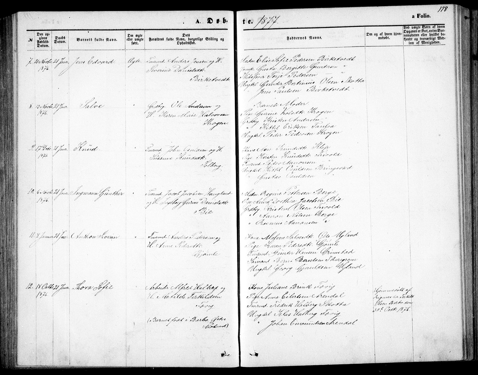 Fjære sokneprestkontor, AV/SAK-1111-0011/F/Fb/L0010: Parish register (copy) no. B 10, 1871-1880, p. 178