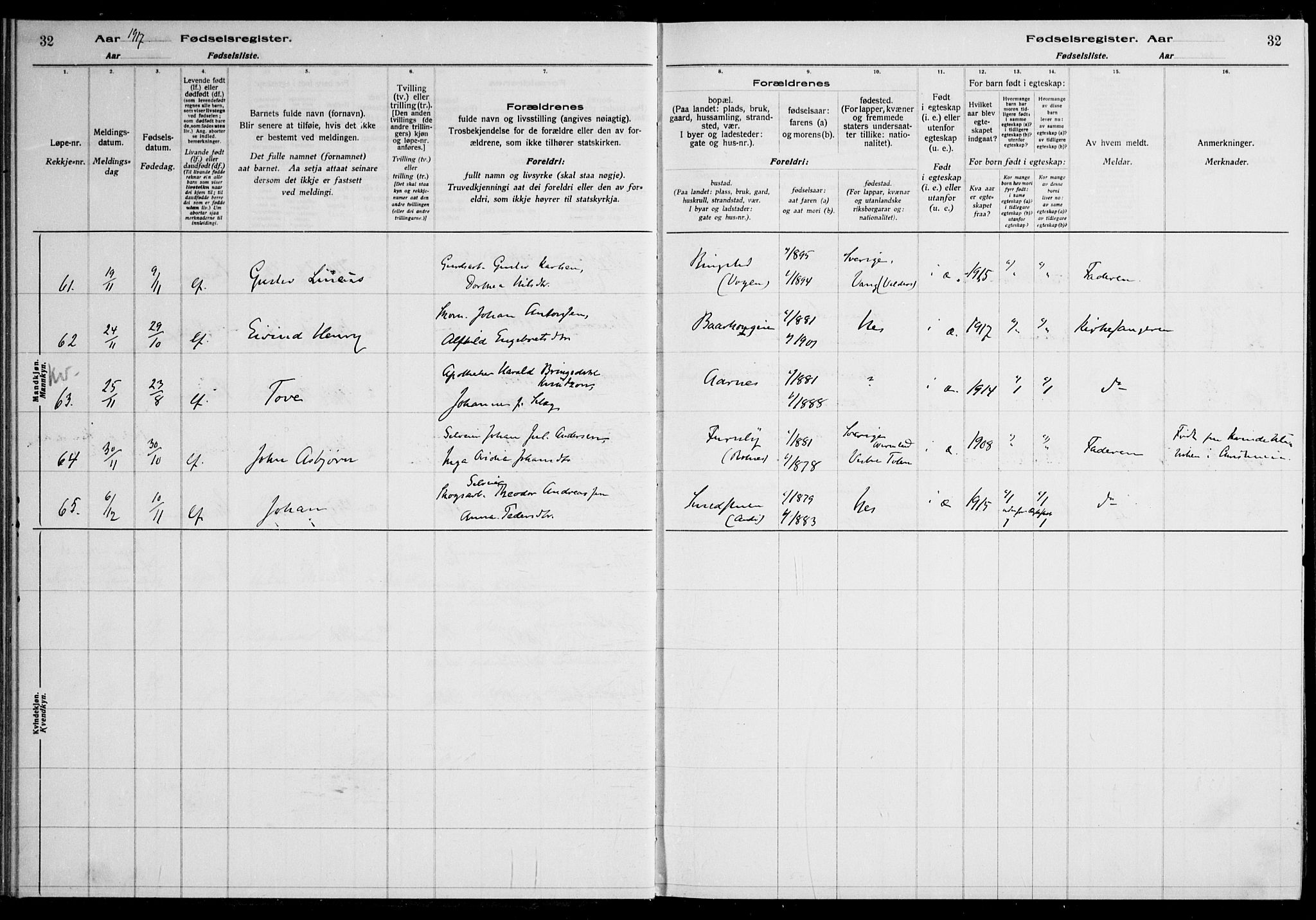 Nes prestekontor Kirkebøker, AV/SAO-A-10410/J/Ja/L0001: Birth register no. 1, 1916-1926, p. 32