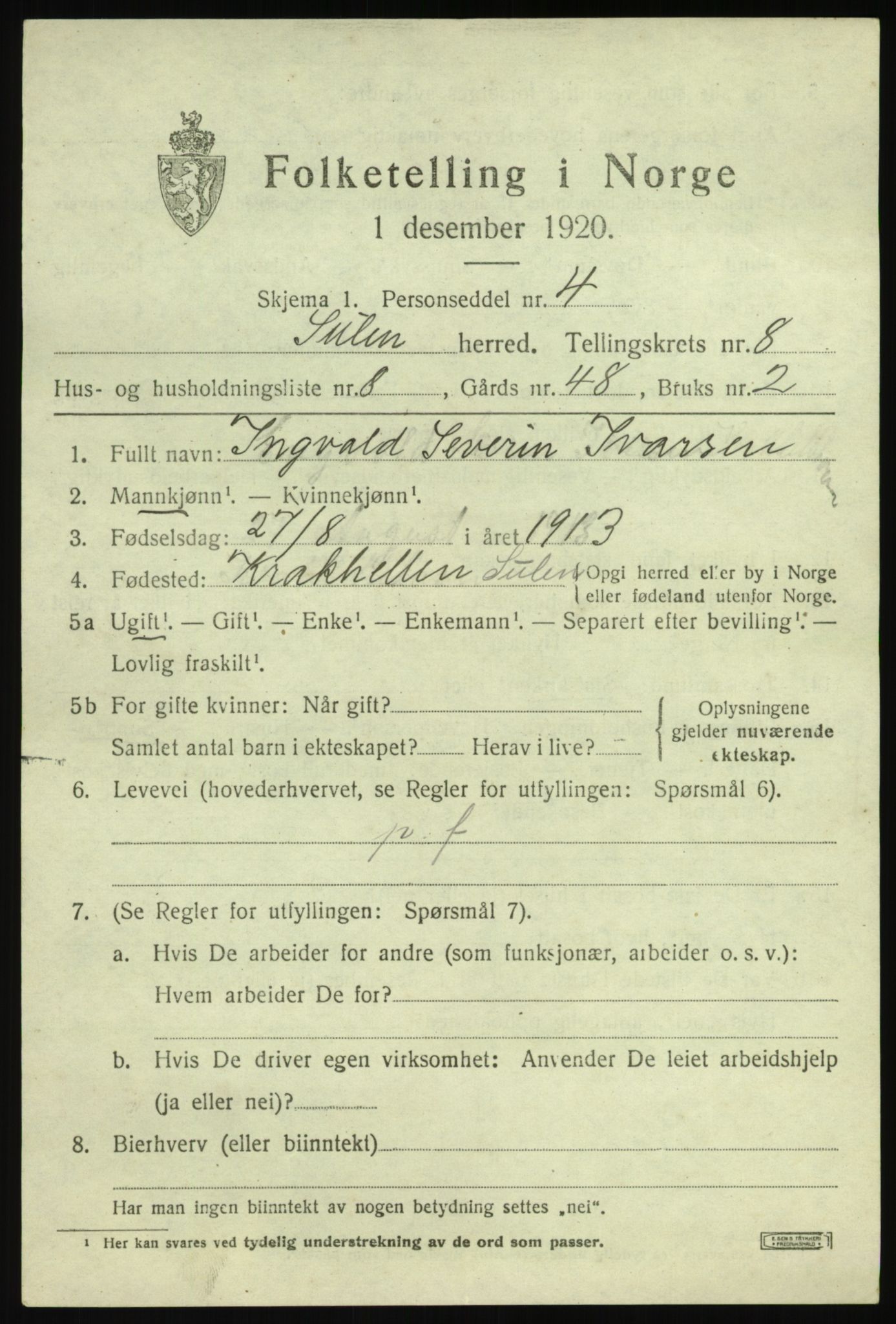 SAB, 1920 census for Solund, 1920, p. 3236