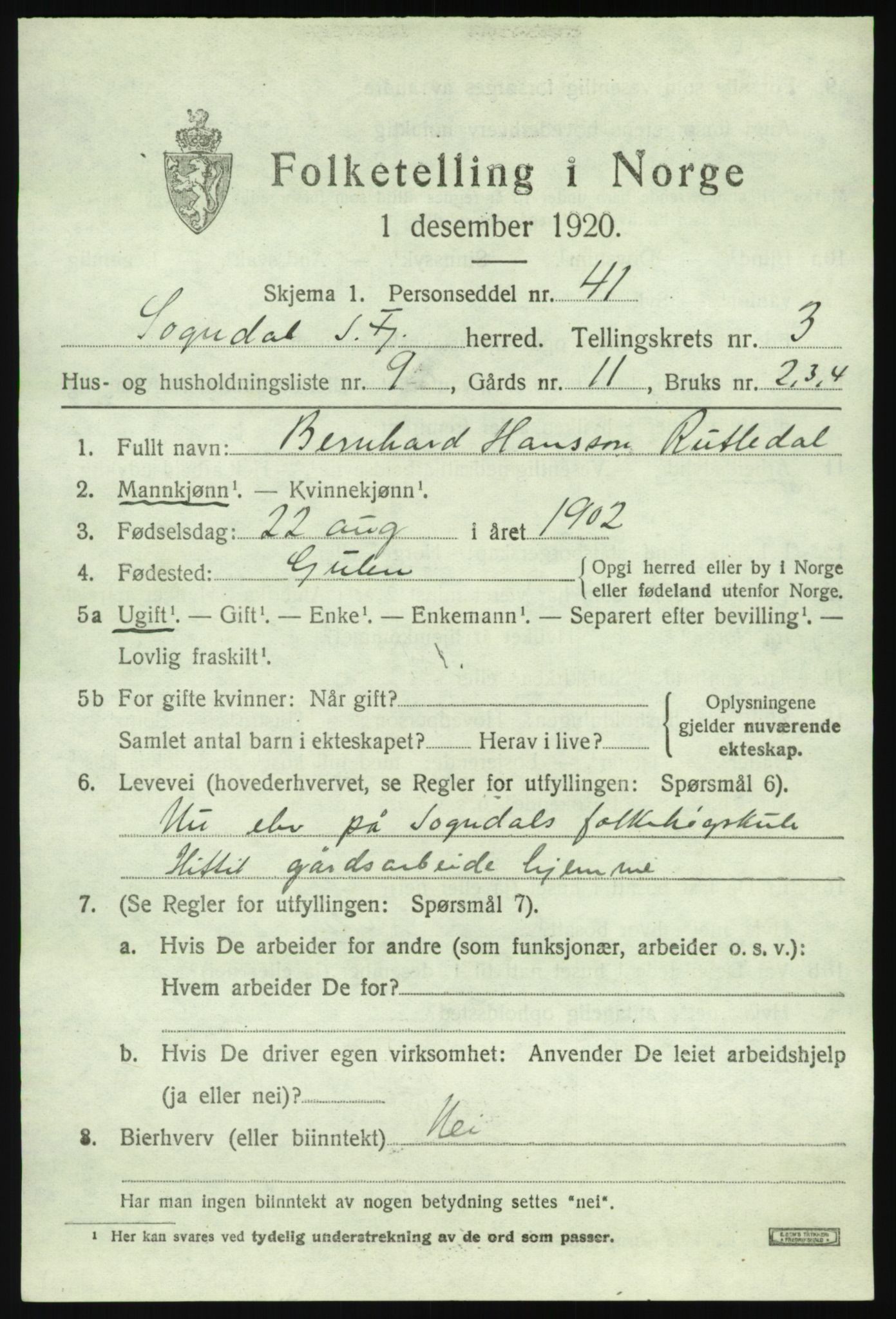 SAB, 1920 census for Sogndal, 1920, p. 2281