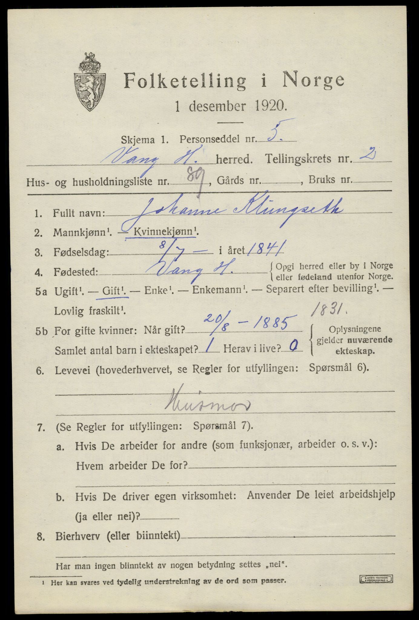 SAH, 1920 census for Vang (Hedmark), 1920, p. 7621