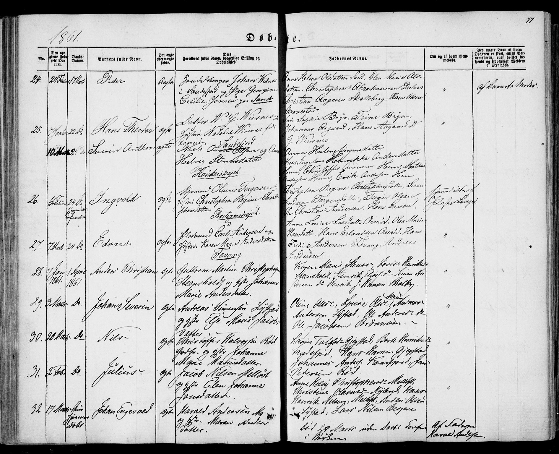 Sandar kirkebøker, AV/SAKO-A-243/F/Fa/L0007: Parish register (official) no. 7, 1855-1861, p. 77