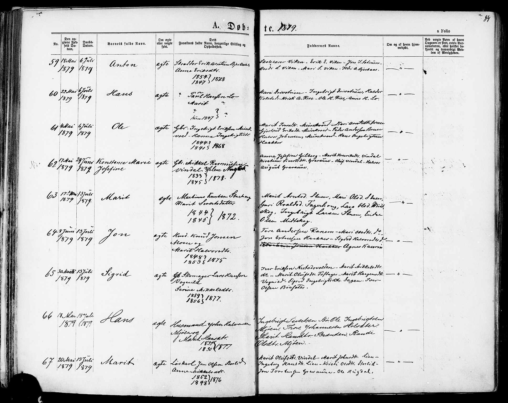 Ministerialprotokoller, klokkerbøker og fødselsregistre - Sør-Trøndelag, AV/SAT-A-1456/678/L0900: Parish register (official) no. 678A09, 1872-1881, p. 84