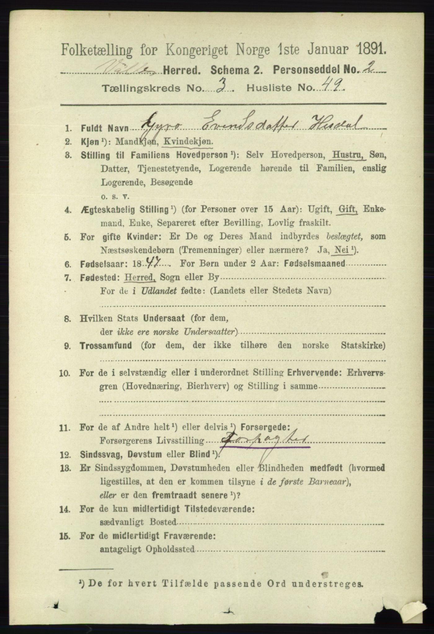 RA, 1891 census for 0940 Valle, 1891, p. 944