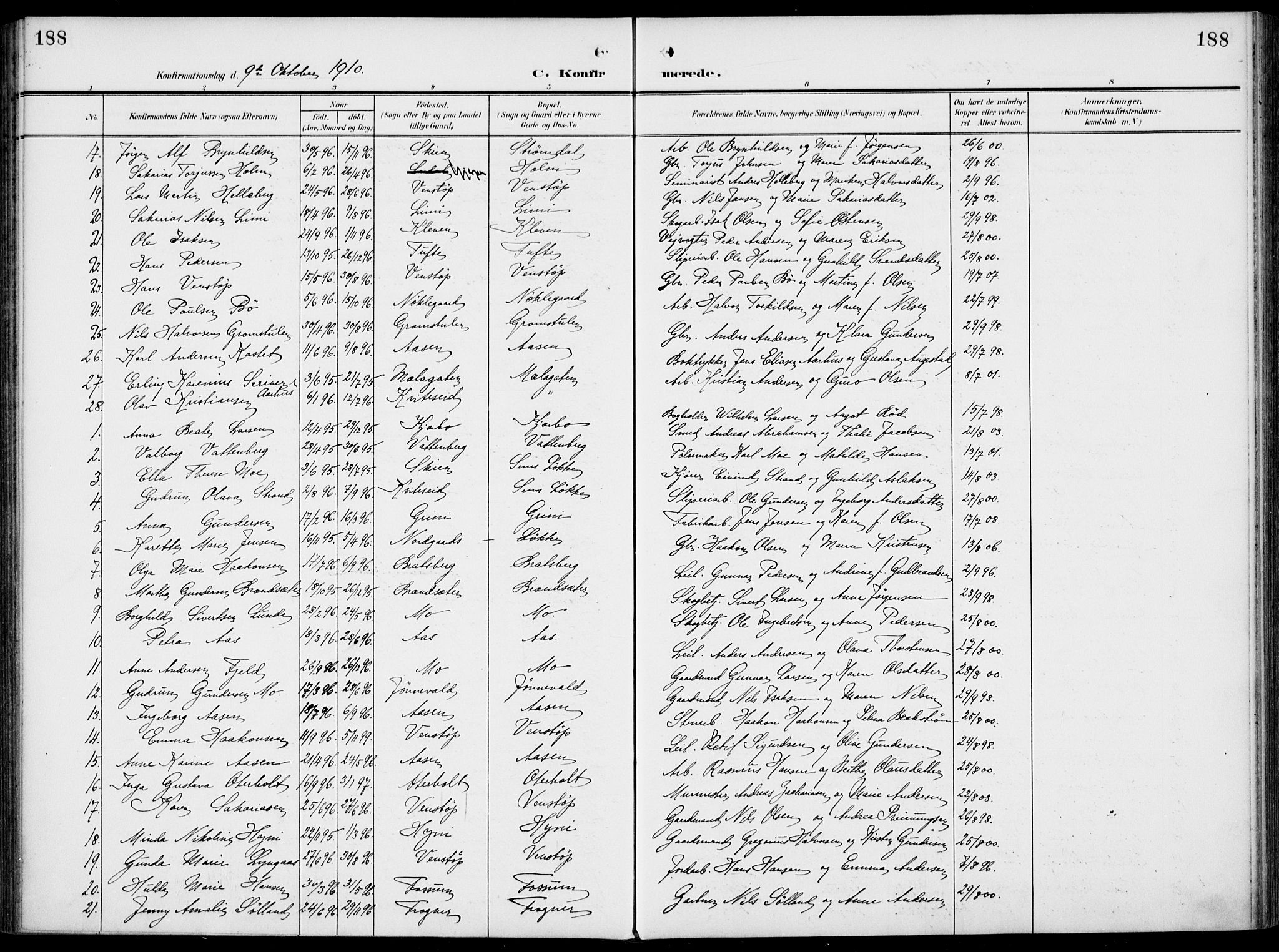 Gjerpen kirkebøker, SAKO/A-265/F/Fa/L0012: Parish register (official) no. I 12, 1905-1913, p. 188