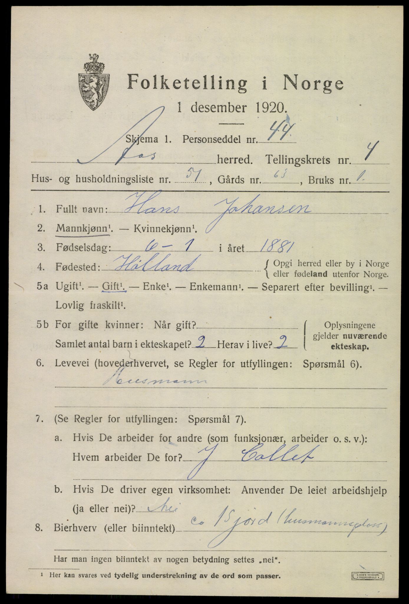 SAO, 1920 census for Ås, 1920, p. 5812