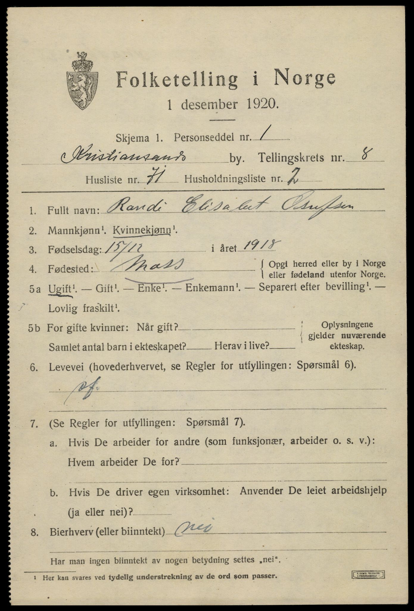 SAK, 1920 census for Kristiansand, 1920, p. 22497