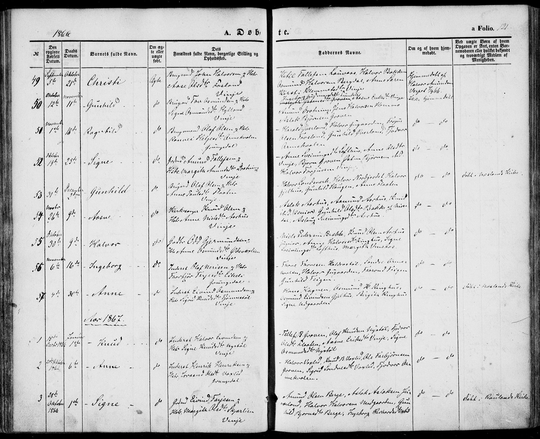 Vinje kirkebøker, SAKO/A-312/F/Fa/L0004: Parish register (official) no. I 4, 1843-1869, p. 121