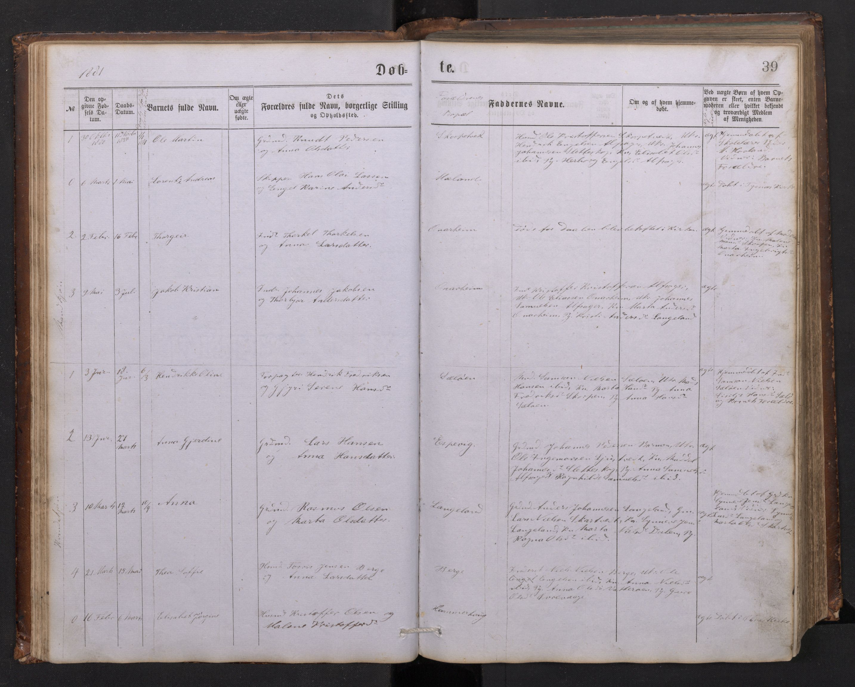 Tysnes sokneprestembete, SAB/A-78601/H/Hab: Parish register (copy) no. C 1, 1873-1895, p. 38b-39a