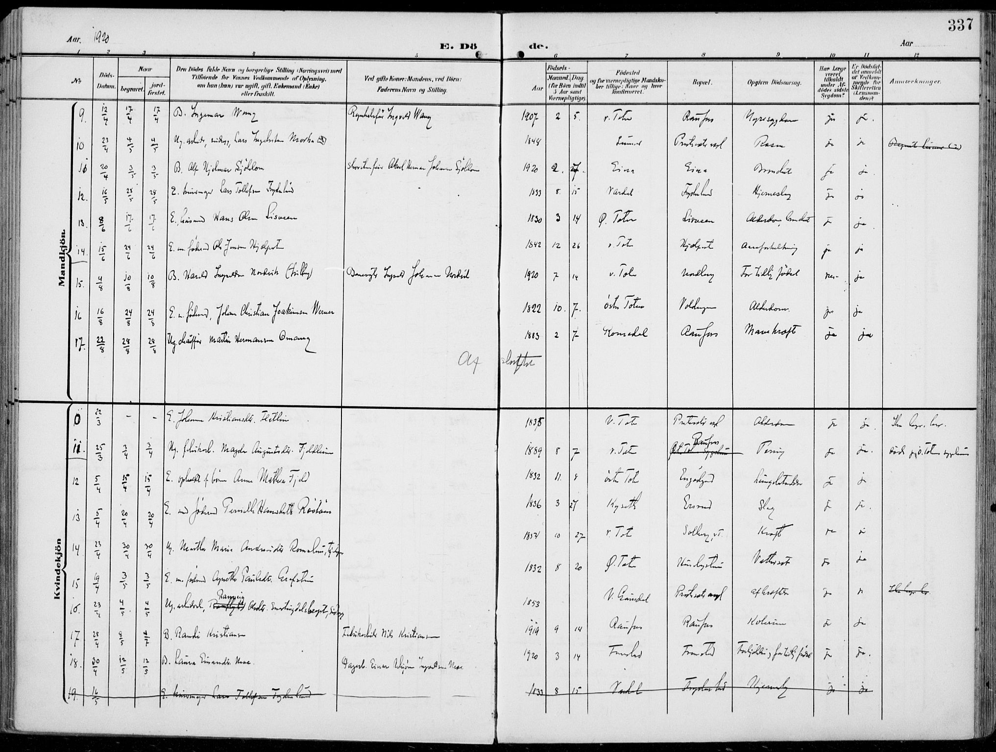 Vestre Toten prestekontor, AV/SAH-PREST-108/H/Ha/Haa/L0014: Parish register (official) no. 14, 1907-1920, p. 337