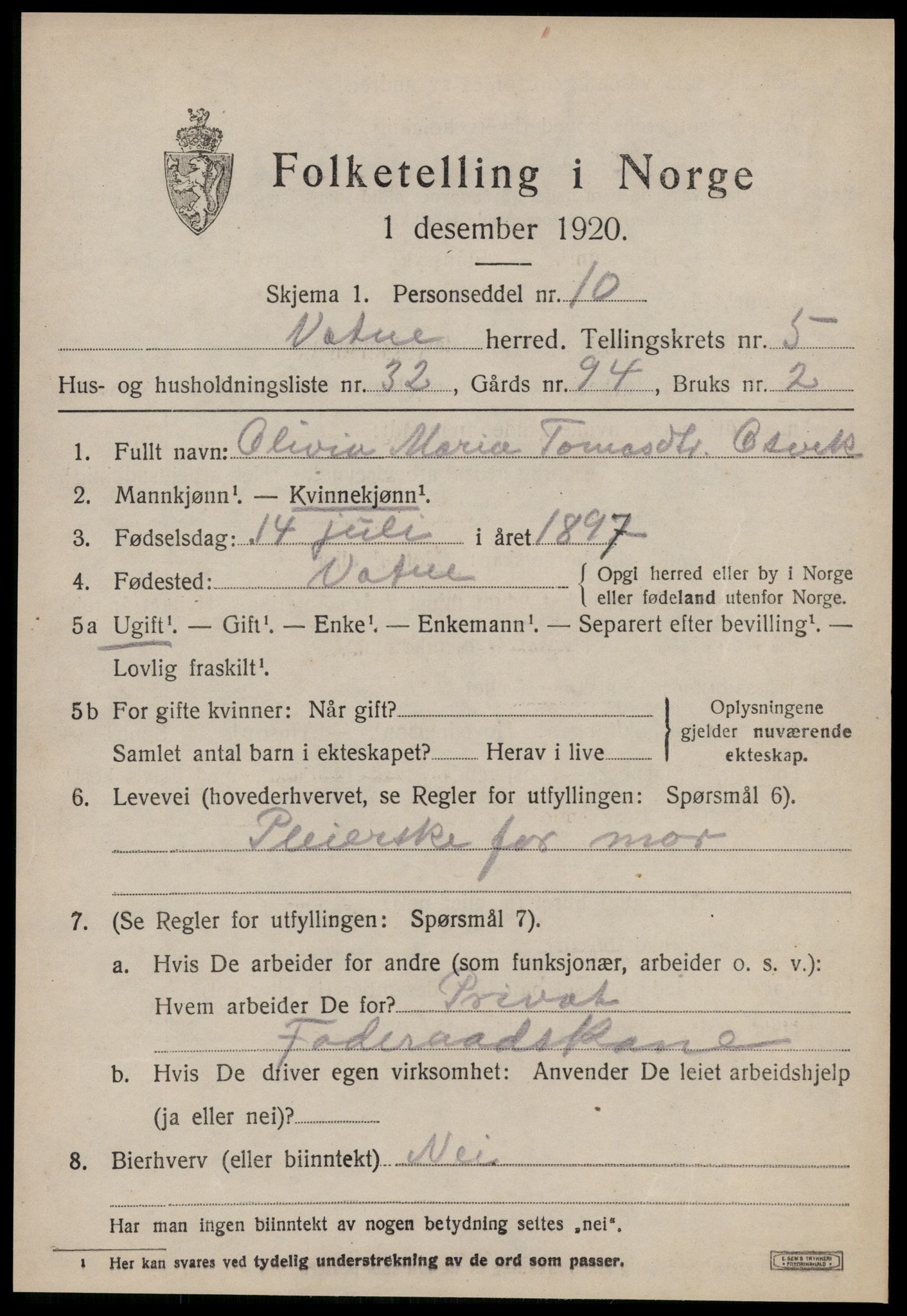SAT, 1920 census for Vatne, 1920, p. 2648