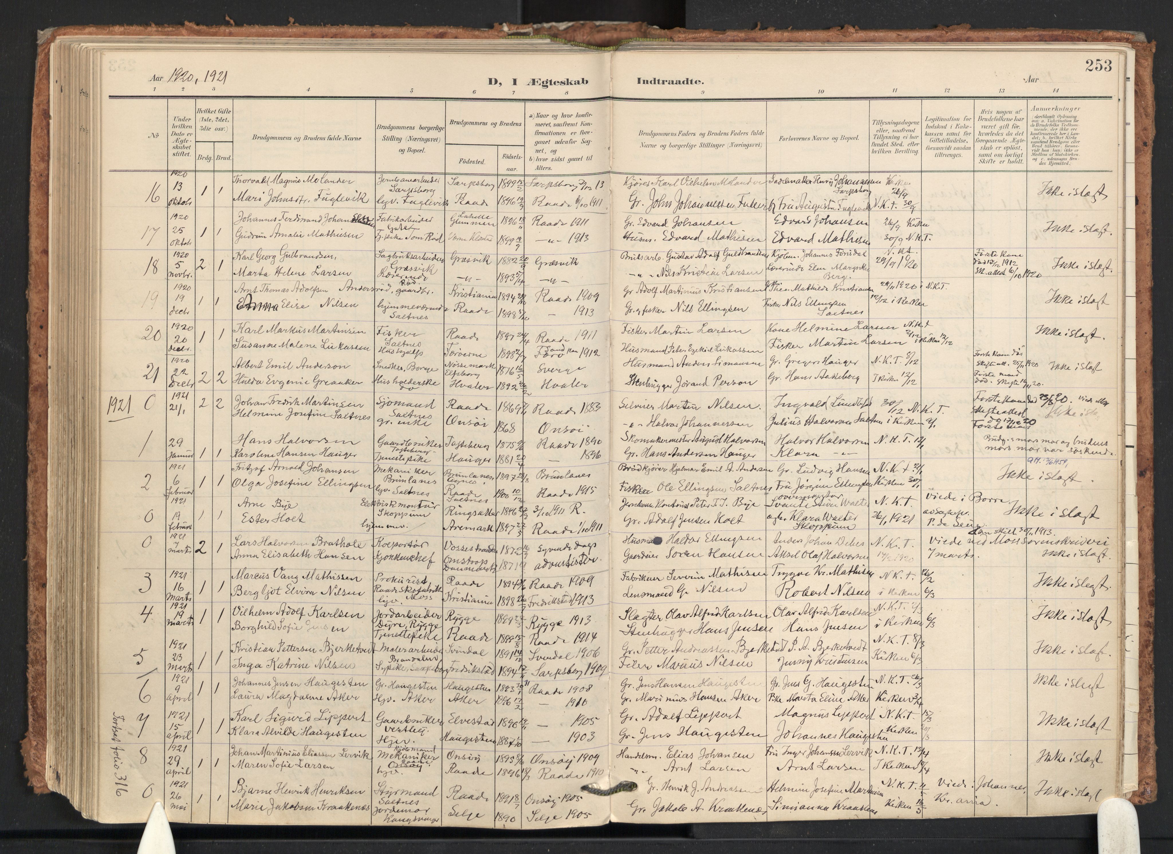 Råde prestekontor kirkebøker, AV/SAO-A-2009/F/Fa/L0008: Parish register (official) no. 8, 1903-1924, p. 253