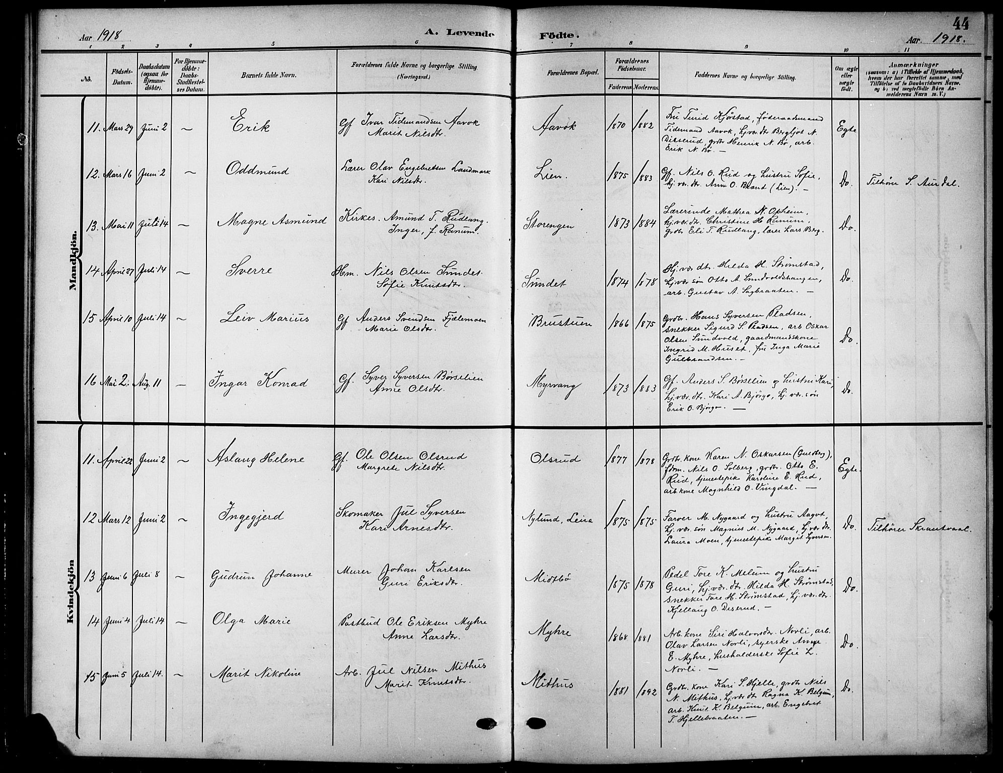 Nord-Aurdal prestekontor, AV/SAH-PREST-132/H/Ha/Hab/L0012: Parish register (copy) no. 12, 1907-1920, p. 44