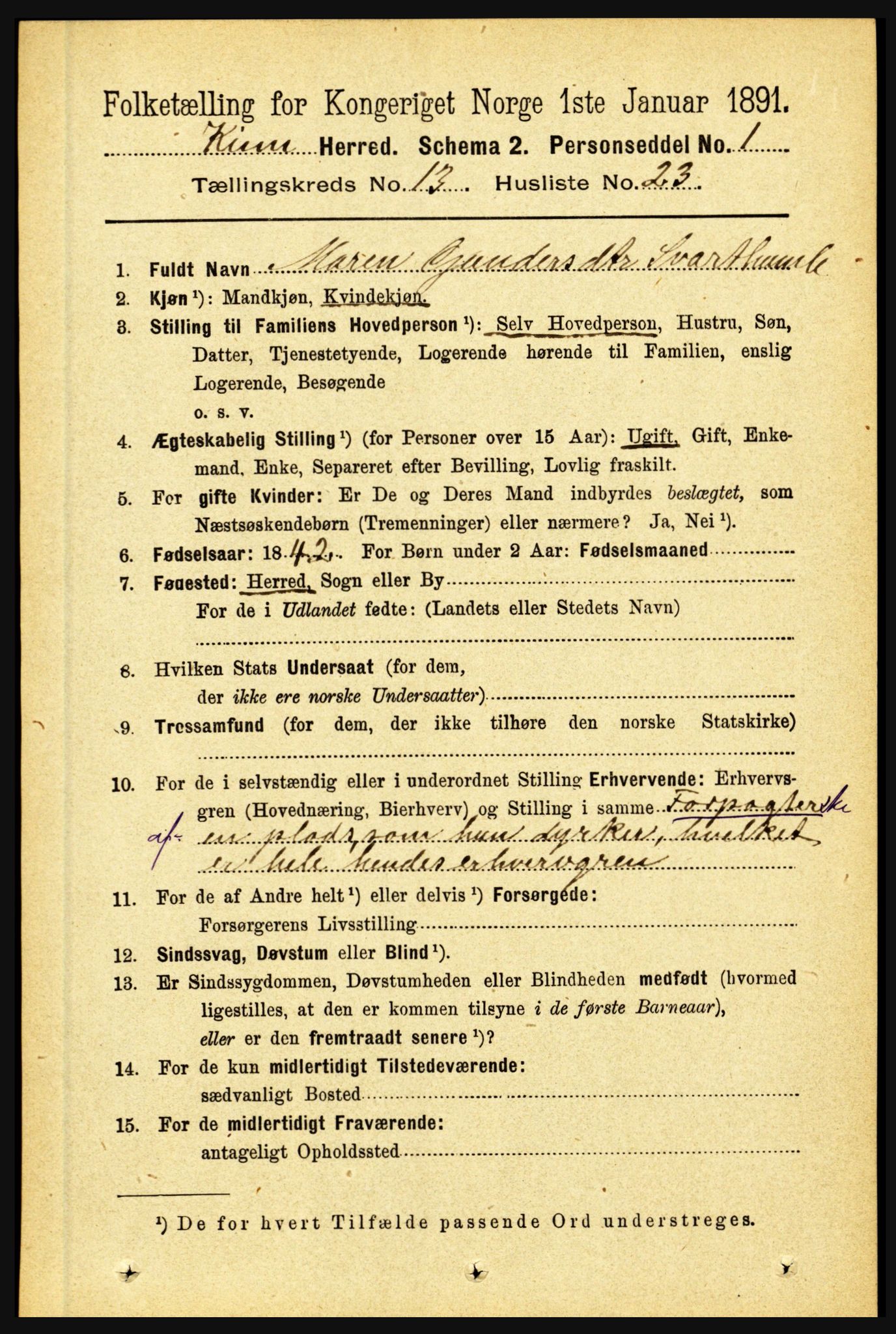 RA, 1891 census for 1437 Kinn, 1891, p. 5222