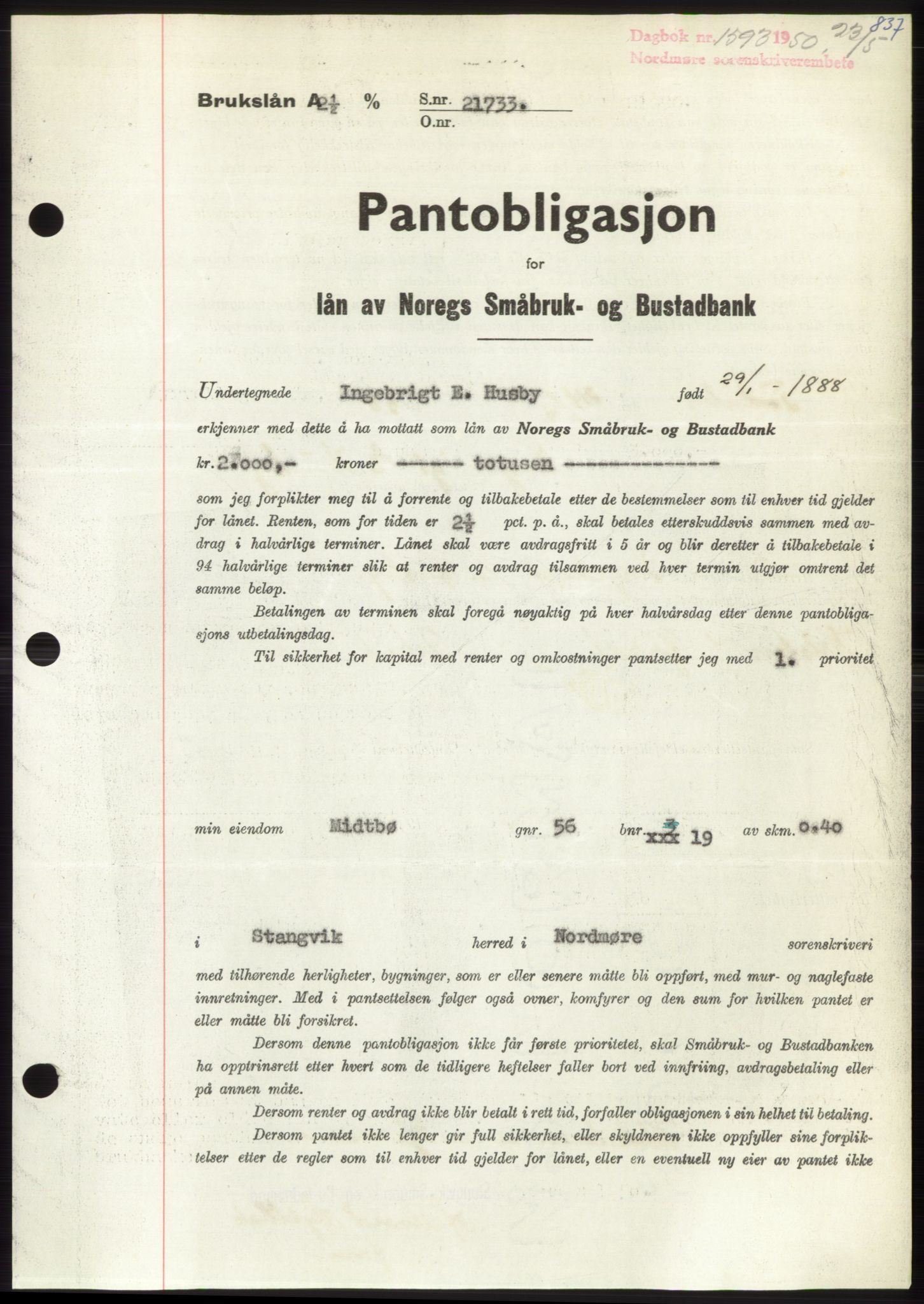 Nordmøre sorenskriveri, AV/SAT-A-4132/1/2/2Ca: Mortgage book no. B104, 1950-1950, Diary no: : 1593/1950