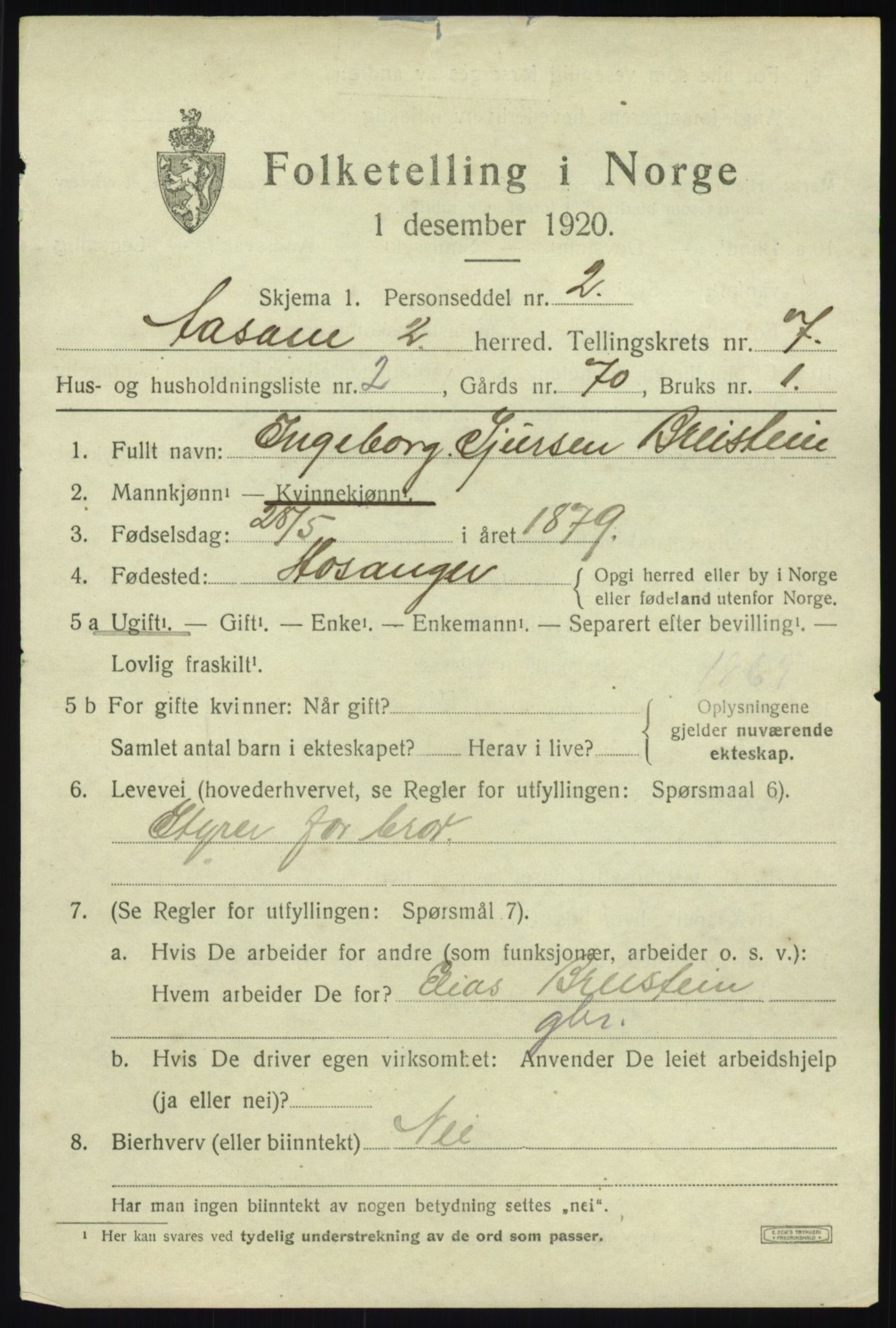 SAB, 1920 census for Åsane, 1920, p. 5107