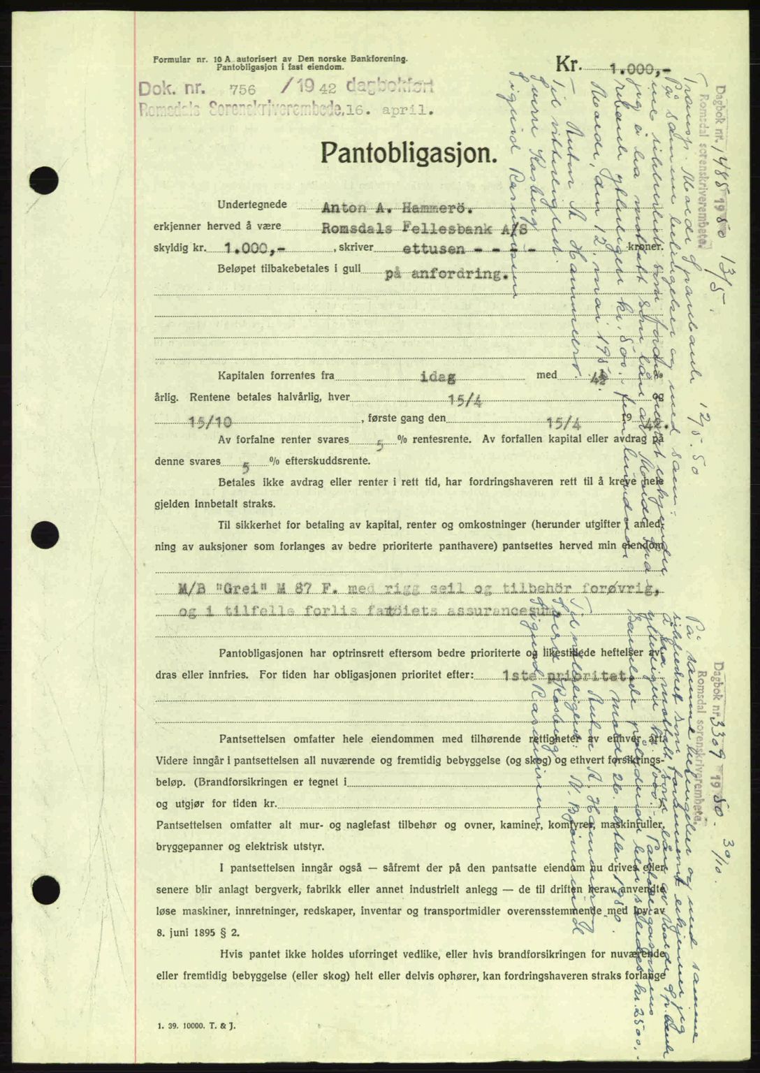 Romsdal sorenskriveri, AV/SAT-A-4149/1/2/2C: Mortgage book no. B2, 1939-1945, Diary no: : 756/1942