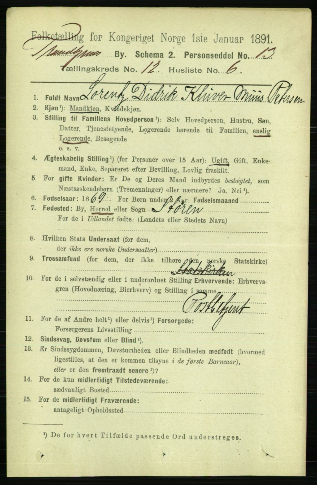 RA, 1891 census for 1601 Trondheim, 1891, p. 9529