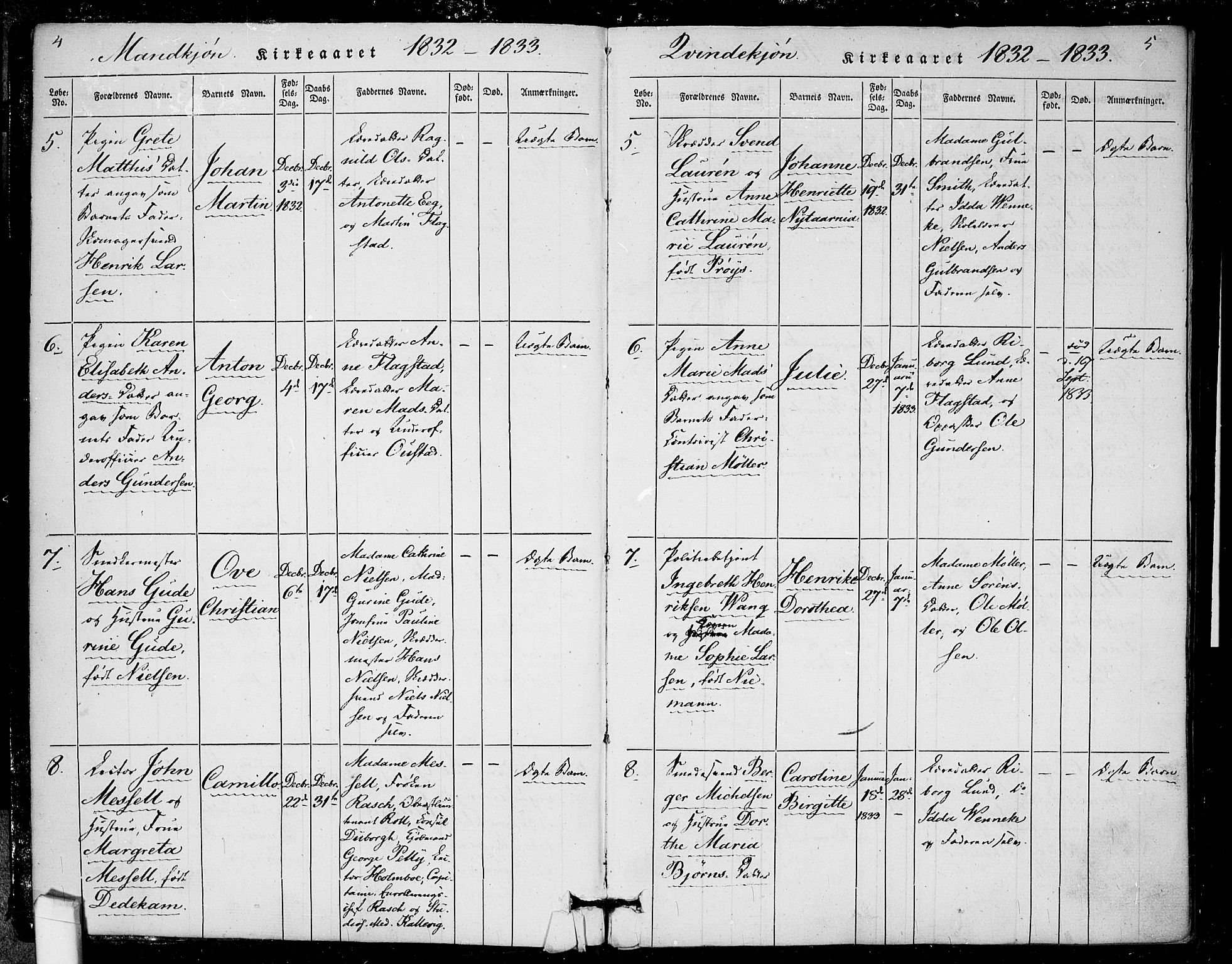 Rikshospitalet prestekontor Kirkebøker, SAO/A-10309b/F/L0002: Parish register (official) no. 2, 1832-1840, p. 4-5