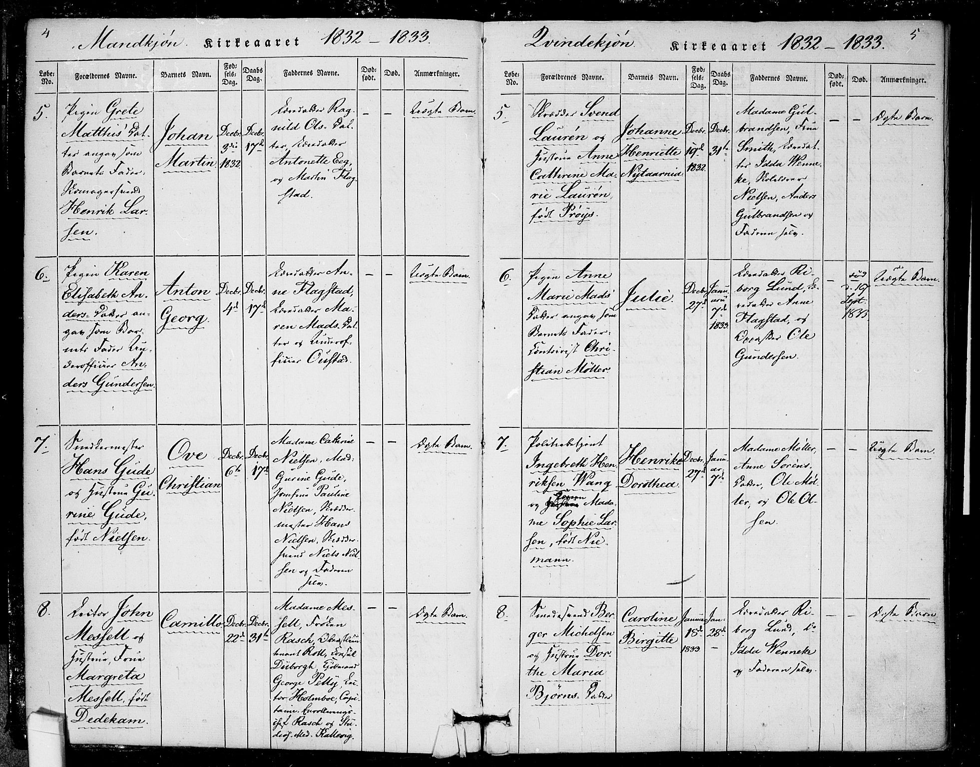 Rikshospitalet prestekontor Kirkebøker, AV/SAO-A-10309b/F/L0002: Parish register (official) no. 2, 1832-1840, p. 4-5