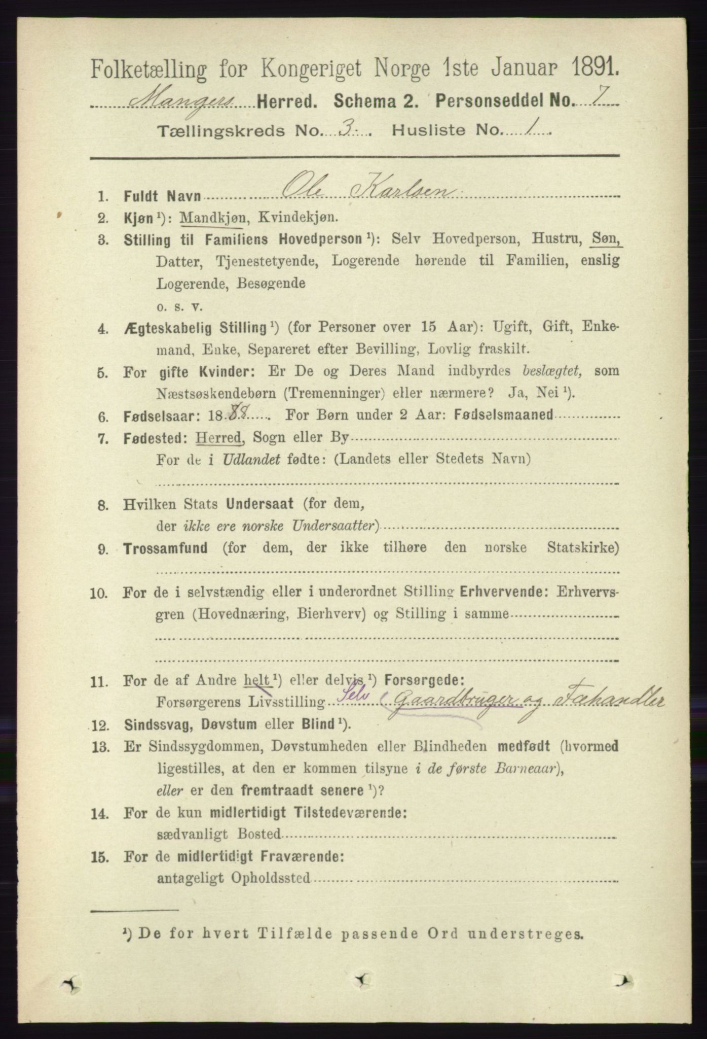 RA, 1891 census for 1261 Manger, 1891, p. 1414