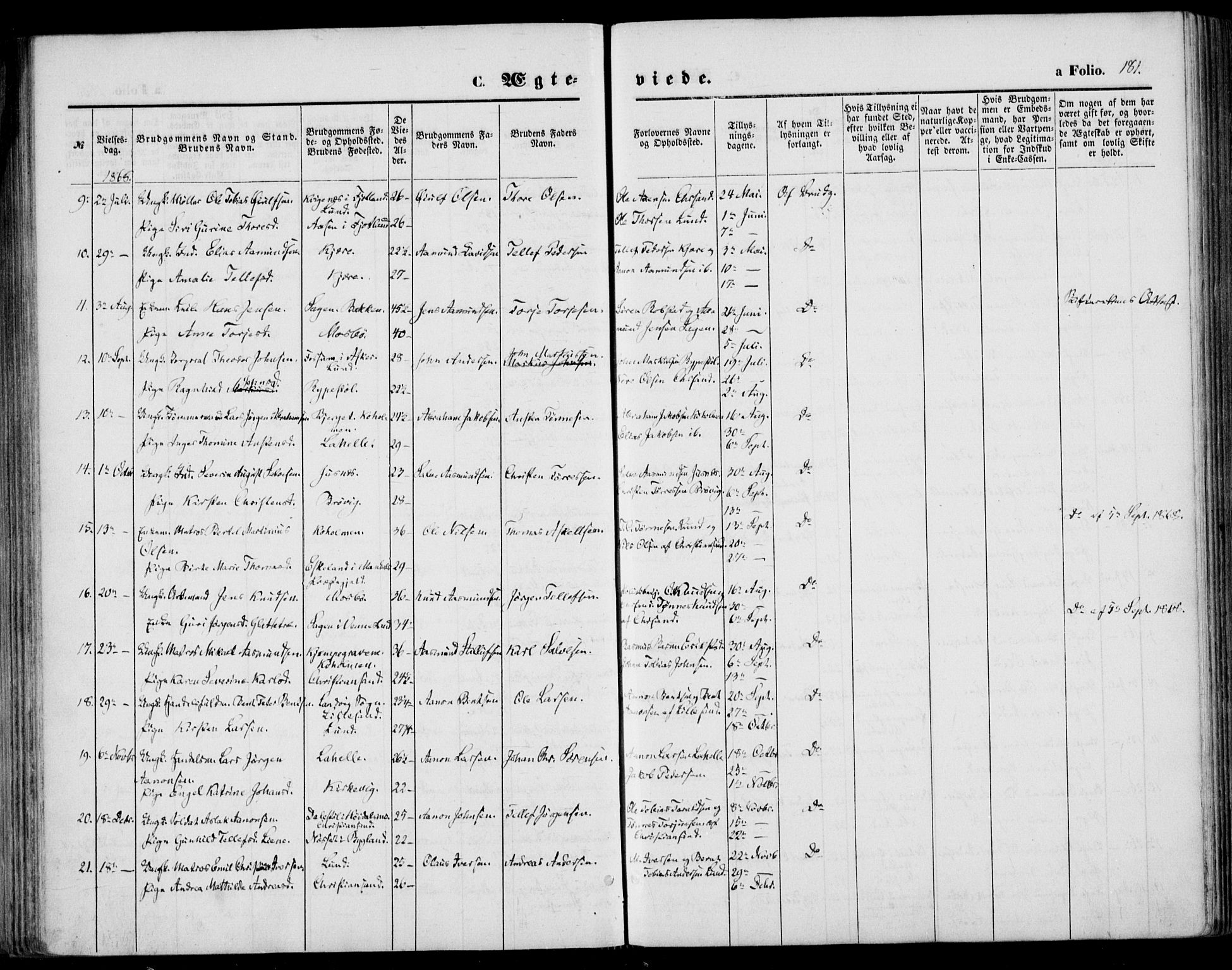 Oddernes sokneprestkontor, AV/SAK-1111-0033/F/Fa/Faa/L0008: Parish register (official) no. A 8, 1864-1880, p. 181