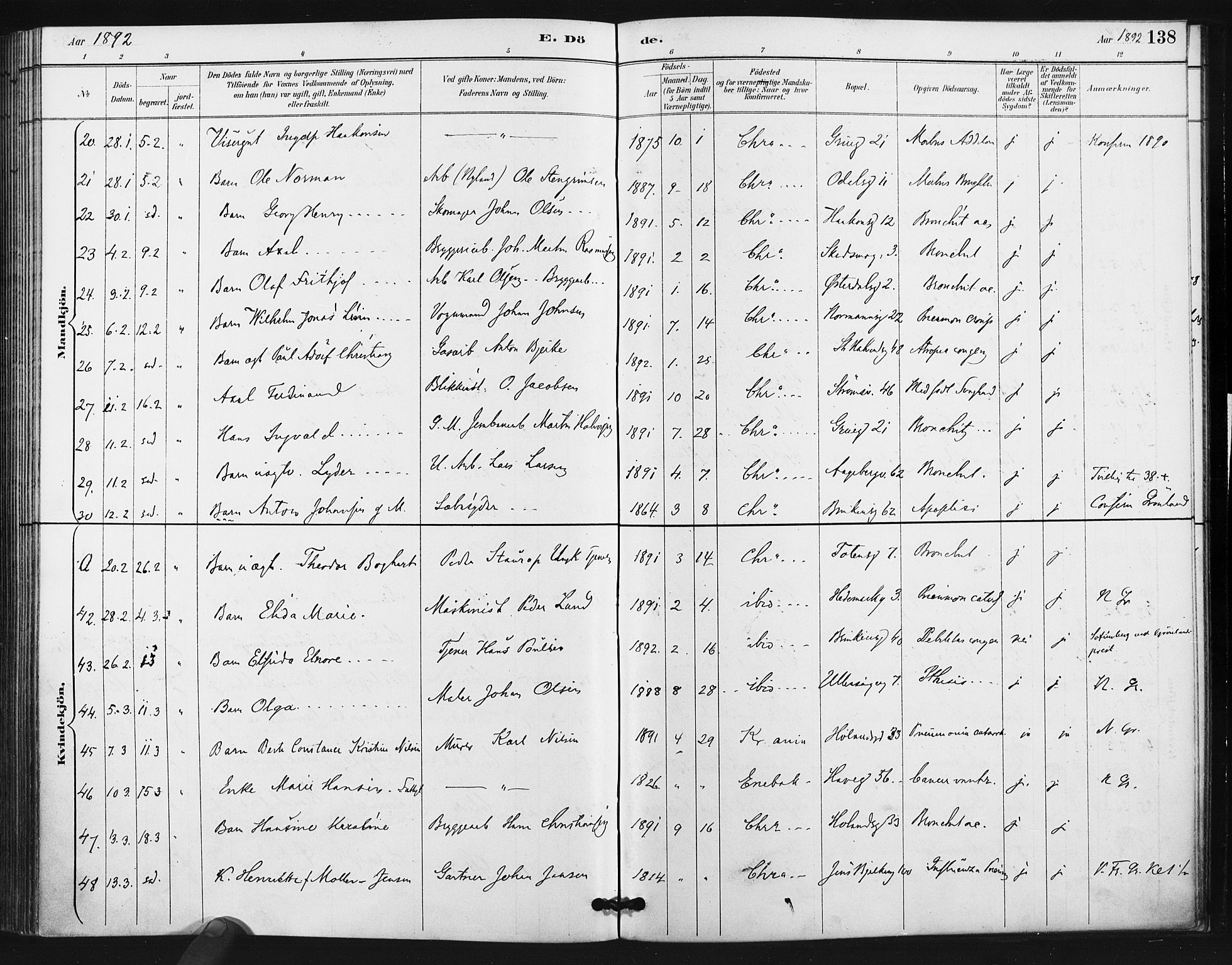 Kampen prestekontor Kirkebøker, AV/SAO-A-10853/F/Fa/L0006: Parish register (official) no. I 6, 1889-1896, p. 138