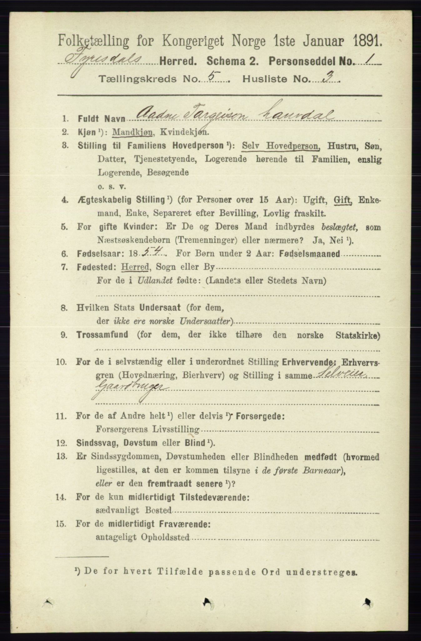 RA, 1891 census for 0831 Fyresdal, 1891, p. 1298