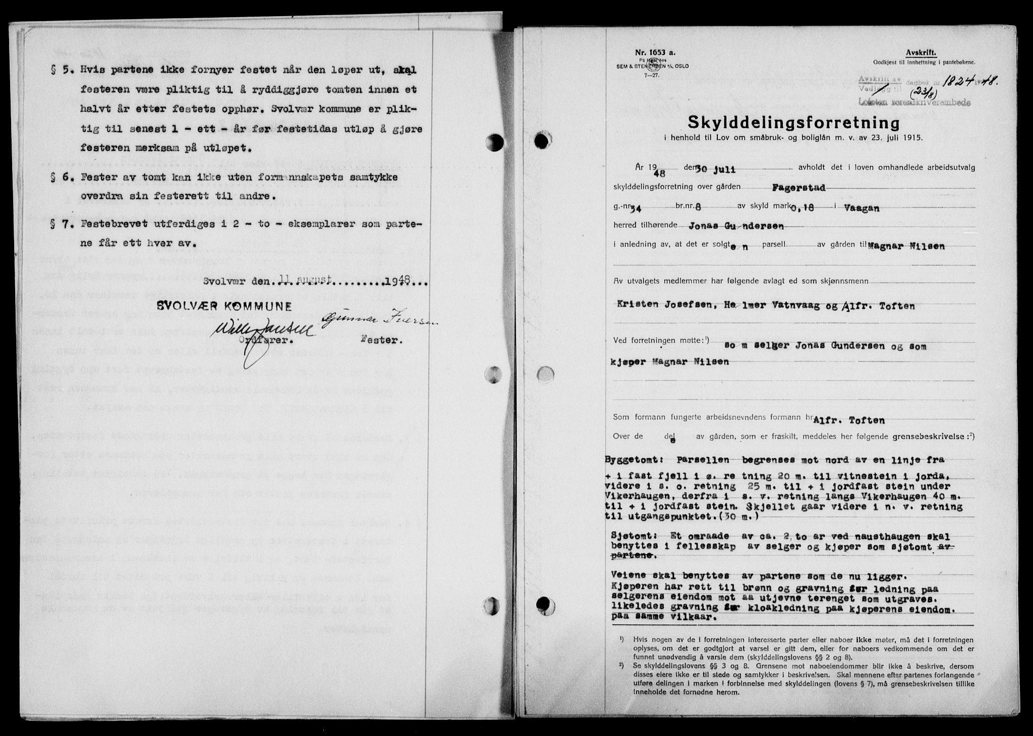 Lofoten sorenskriveri, SAT/A-0017/1/2/2C/L0019a: Mortgage book no. 19a, 1948-1948, Diary no: : 1824/1948